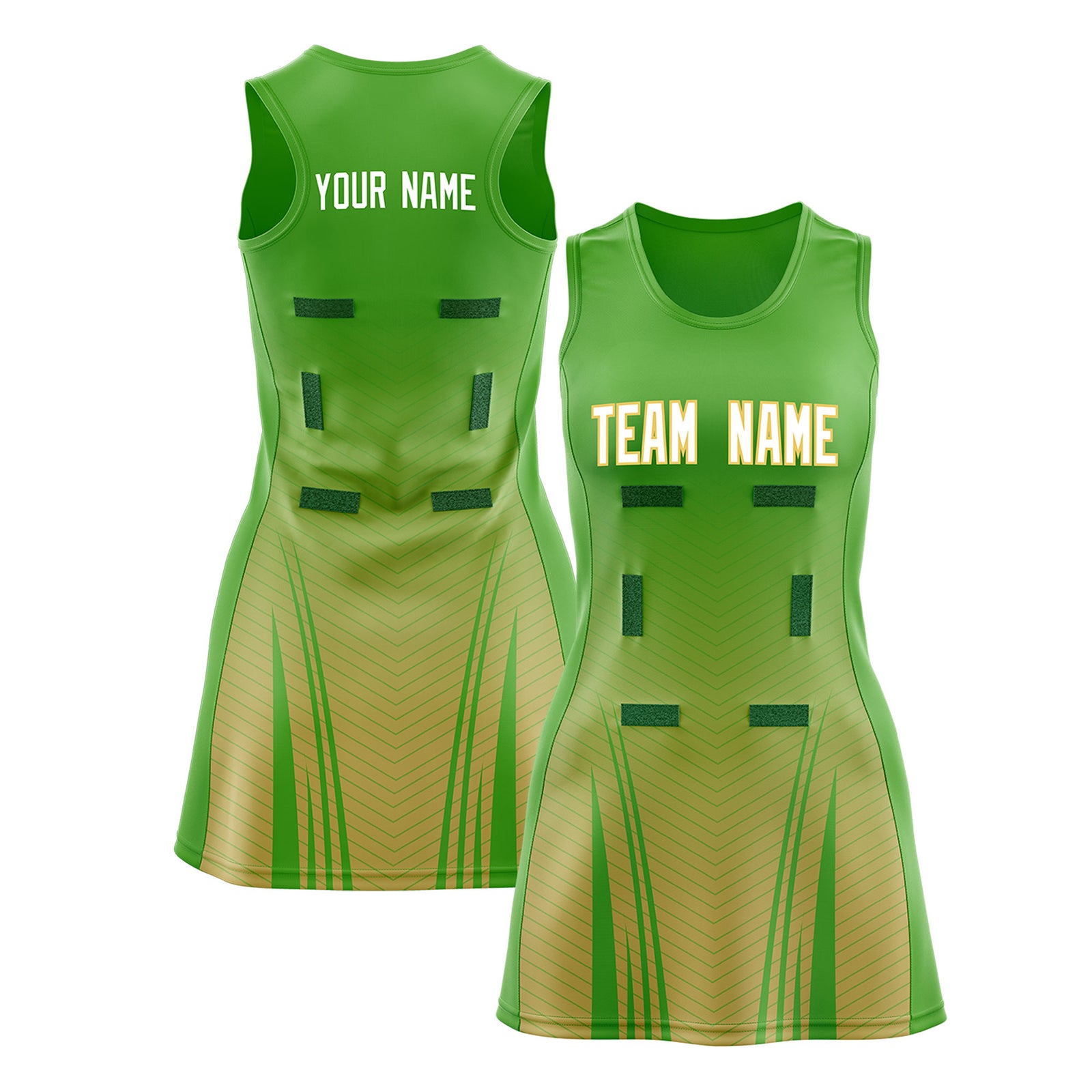 Custom Light Green Khaki Netball Dresses With Diagonal Lines And Jagged Texture Patterns