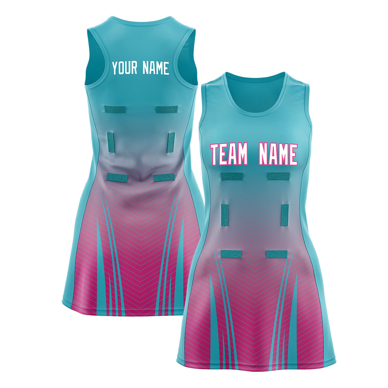 Custom Aqua Rose Red Netball Dresses With Diagonal Lines And Jagged Texture Patterns