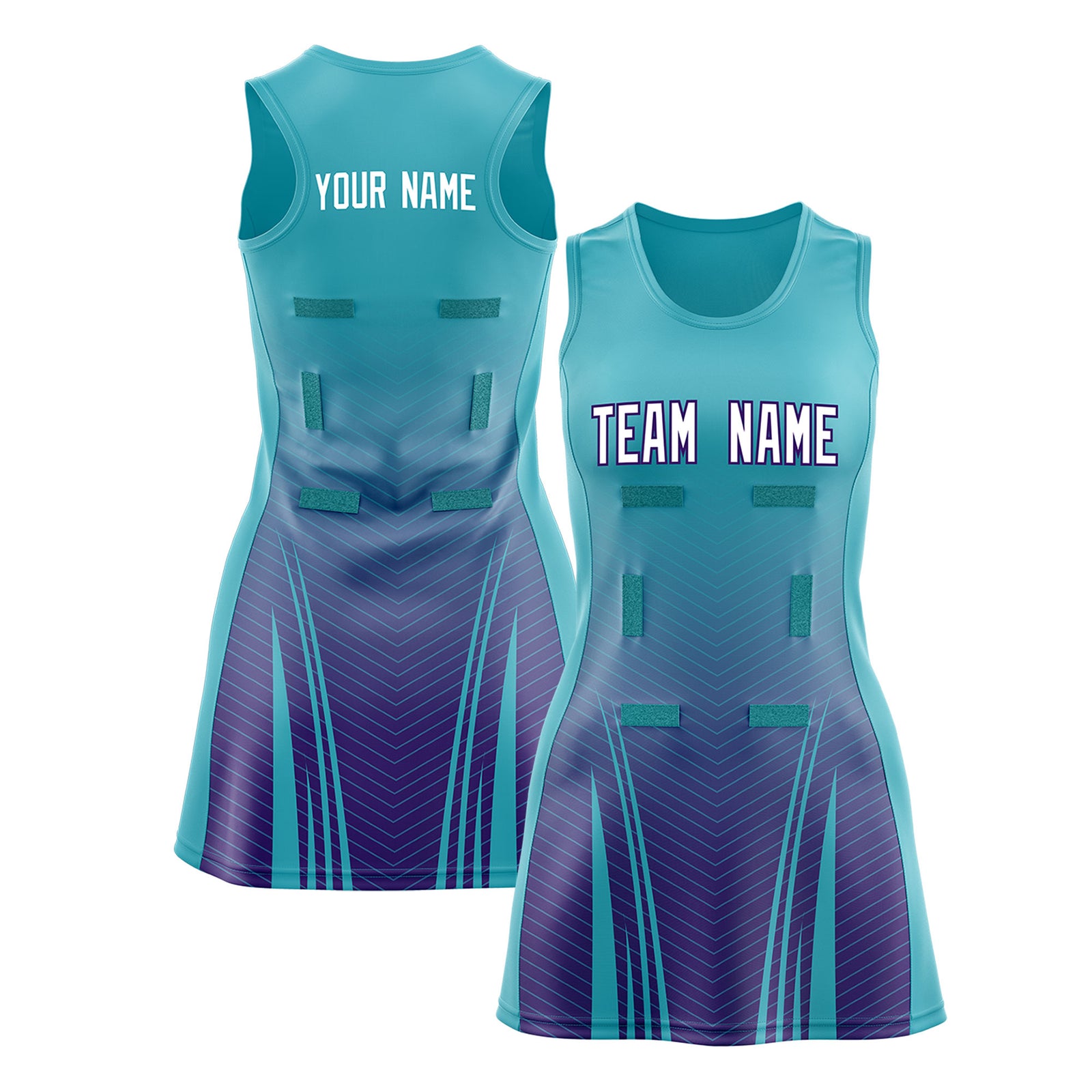 Custom Aqua Purple Netball Dresses With Diagonal Lines And Jagged Texture Patterns