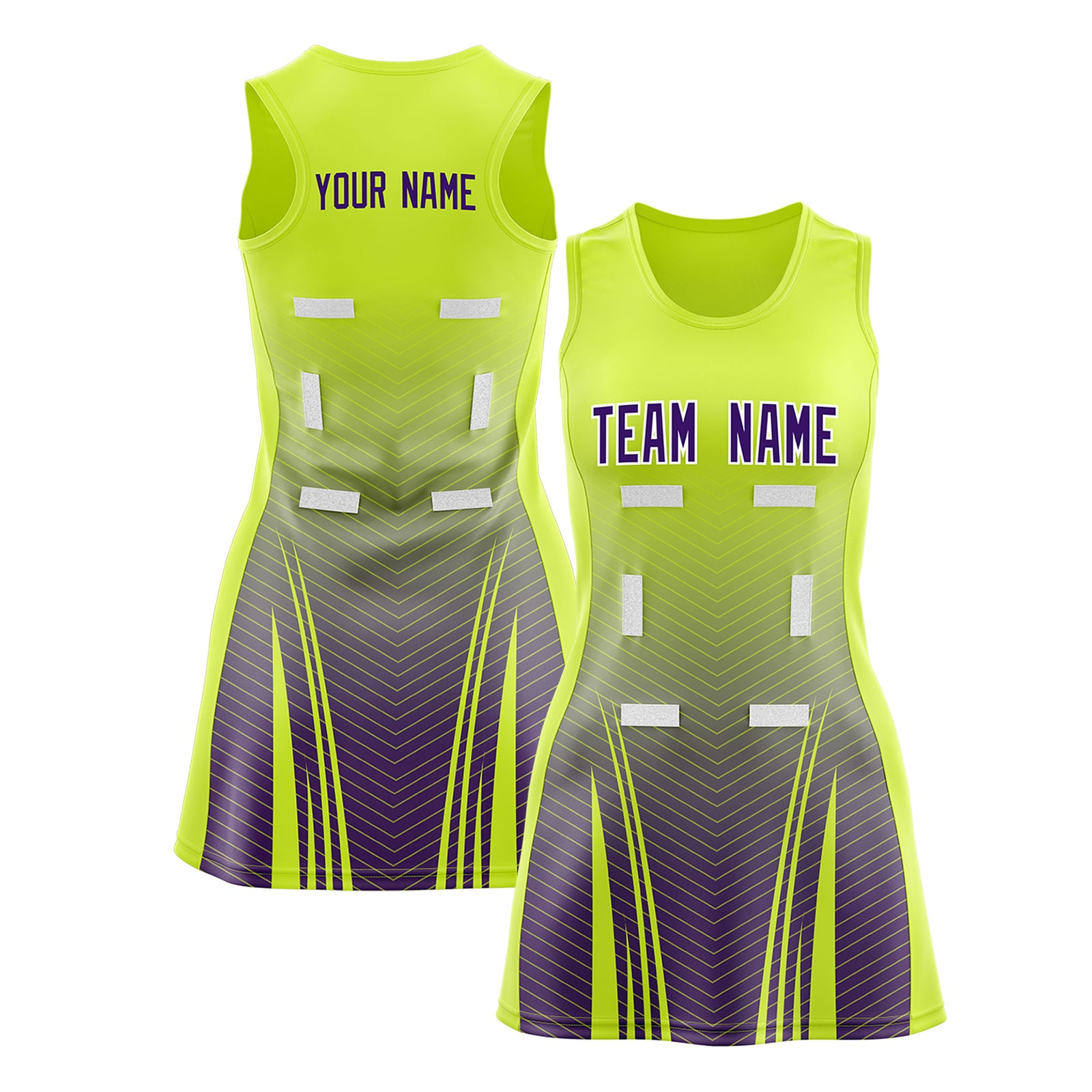 Custom Fluorescent Green Purple Netball Dresses With Diagonal Lines And Jagged Texture Patterns