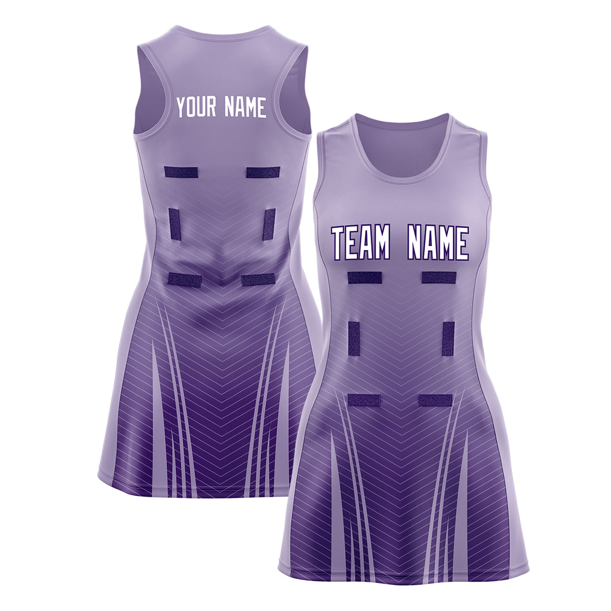 Custom Light Purple Purple Netball Dresses With Diagonal Lines And Jagged Texture Patterns