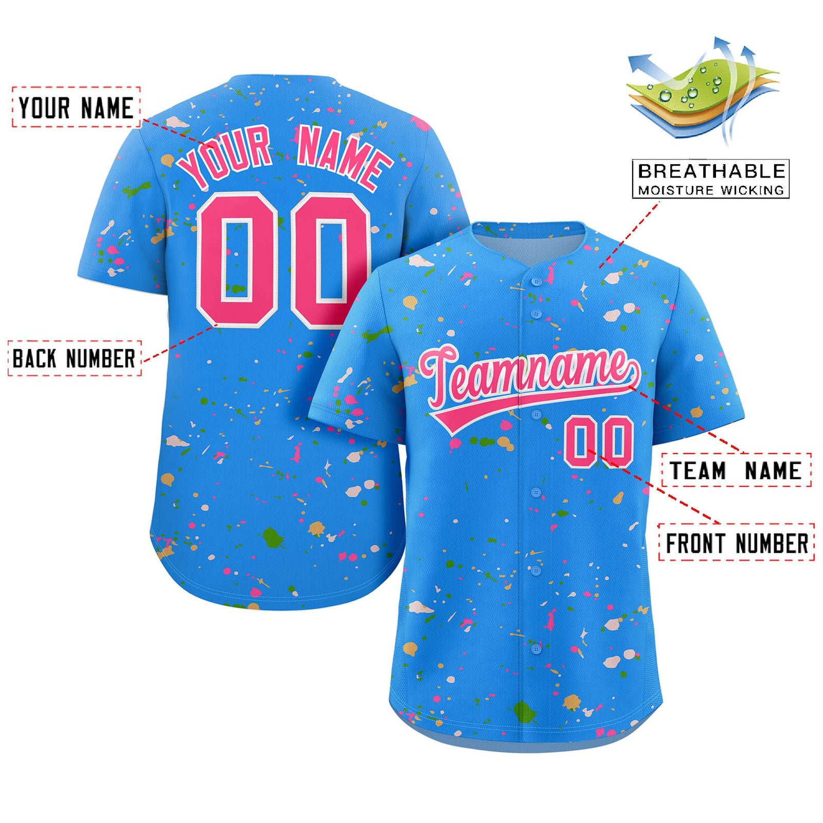 Custom Powder Blue Pink-White Splash Graffiti Pattern Authentic Baseball Jersey