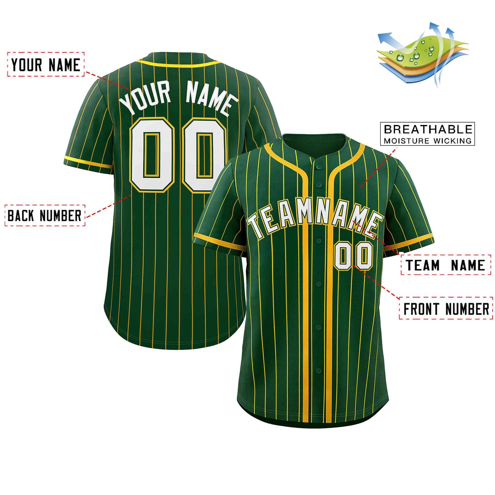 Custom Green Gold Stripe Fashion Design Full Button Authentic Baseball Jersey