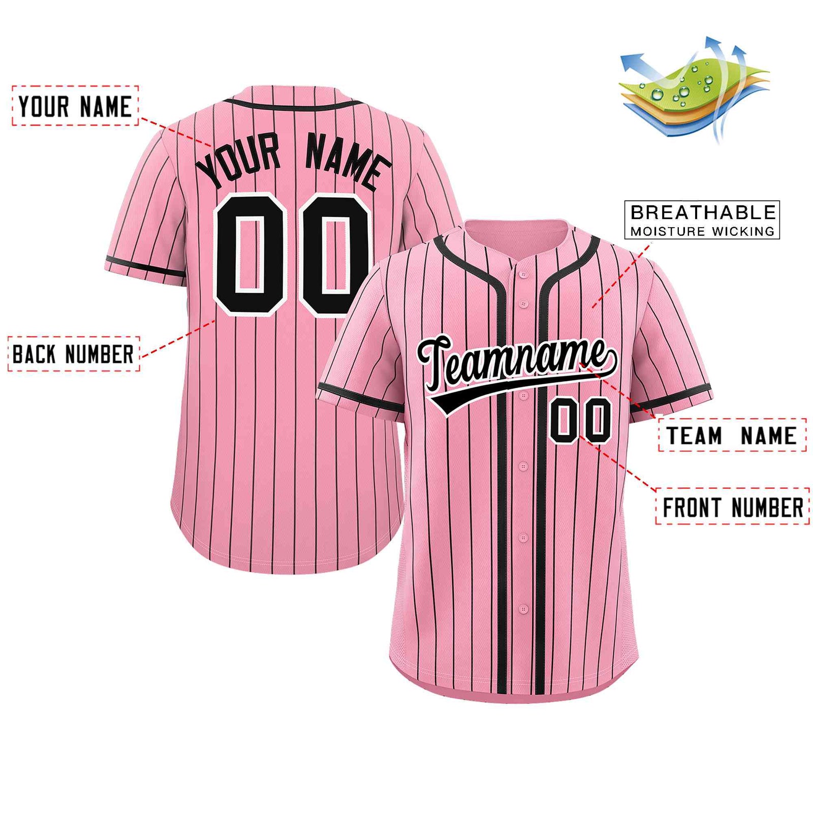 Custom Pink Black Stripe Fashion Design Full Button Authentic Baseball Jersey