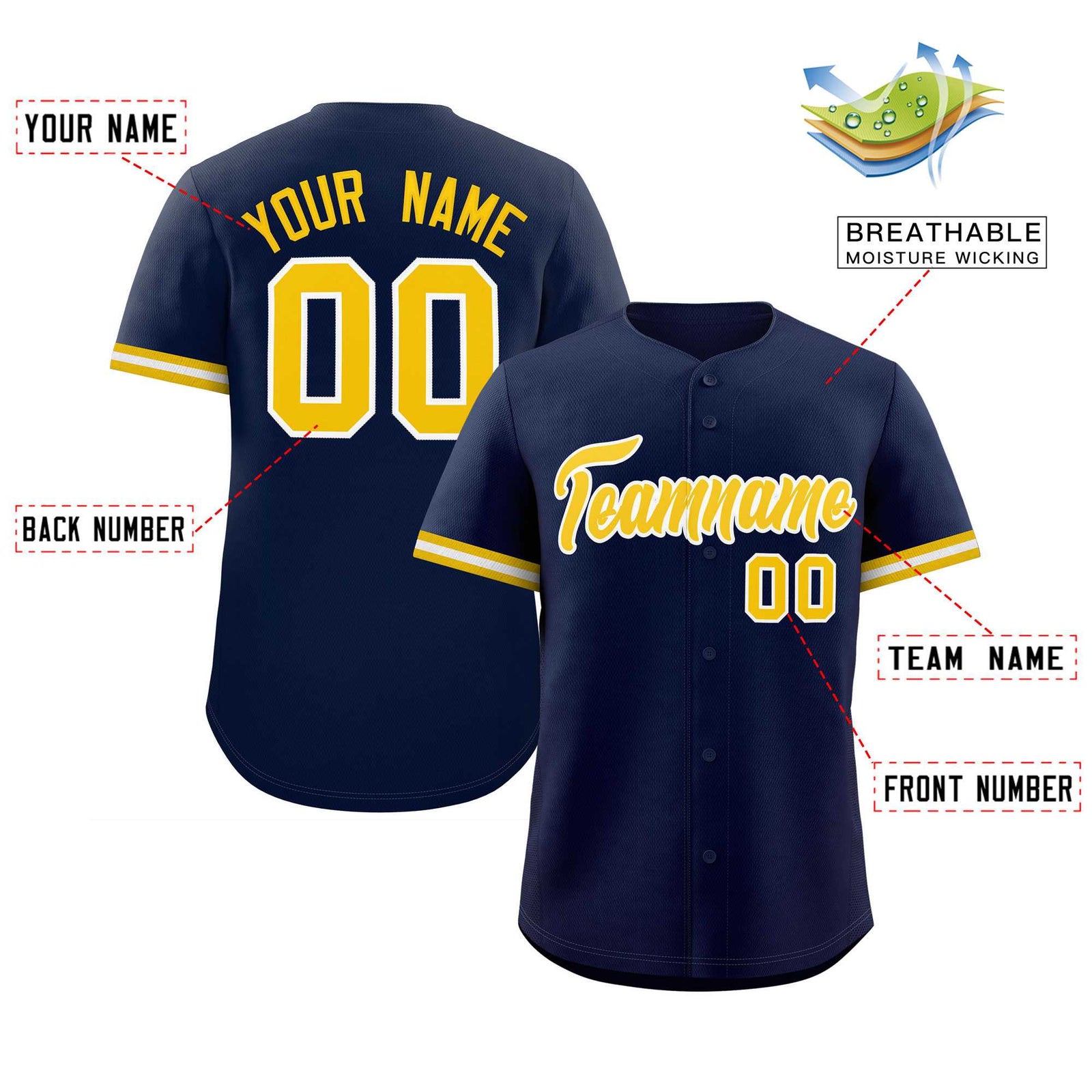 Custom Navy Gold Full Button Design Authentic Baseball Jersey