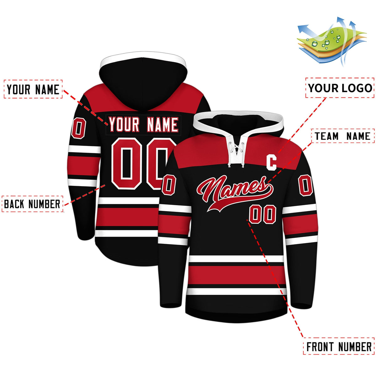 Custom Hockey Hoodie Jersey Black Red Raglan Sleeves Lace-Up Neck Personalized Jersey for Men &amp; Youth