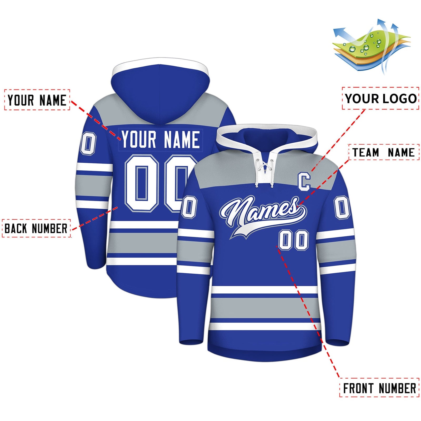 Custom Hockey Hoodie Jersey Royal Blue Silver Raglan Sleeves Lace-Up Neck Personalized Jersey for Men & Youth