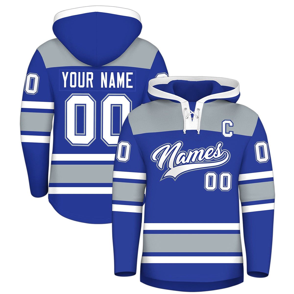 Custom Hockey Hoodie Jersey Royal Blue Silver Raglan Sleeves Lace-Up Neck Personalized Jersey for Men &amp; Youth