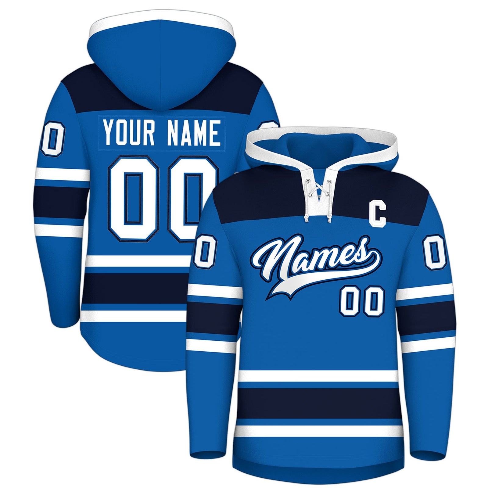 Custom Hockey Hoodie Jersey Royal Navy Raglan Sleeves Lace-Up Neck Personal Name & Number & Logo