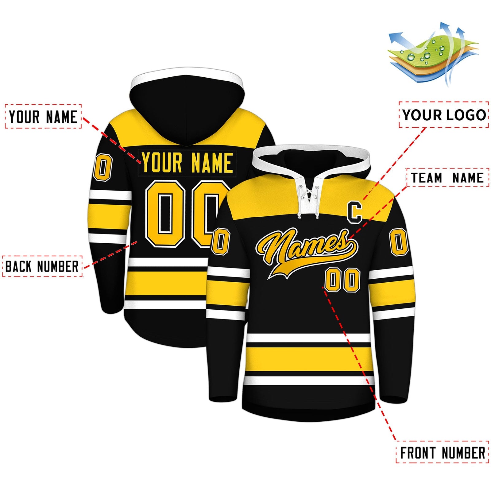 Custom Hockey Hoodie Jersey Black Gold Raglan Sleeves Lace-Up Neck Personalized Jersey for Men & Youth