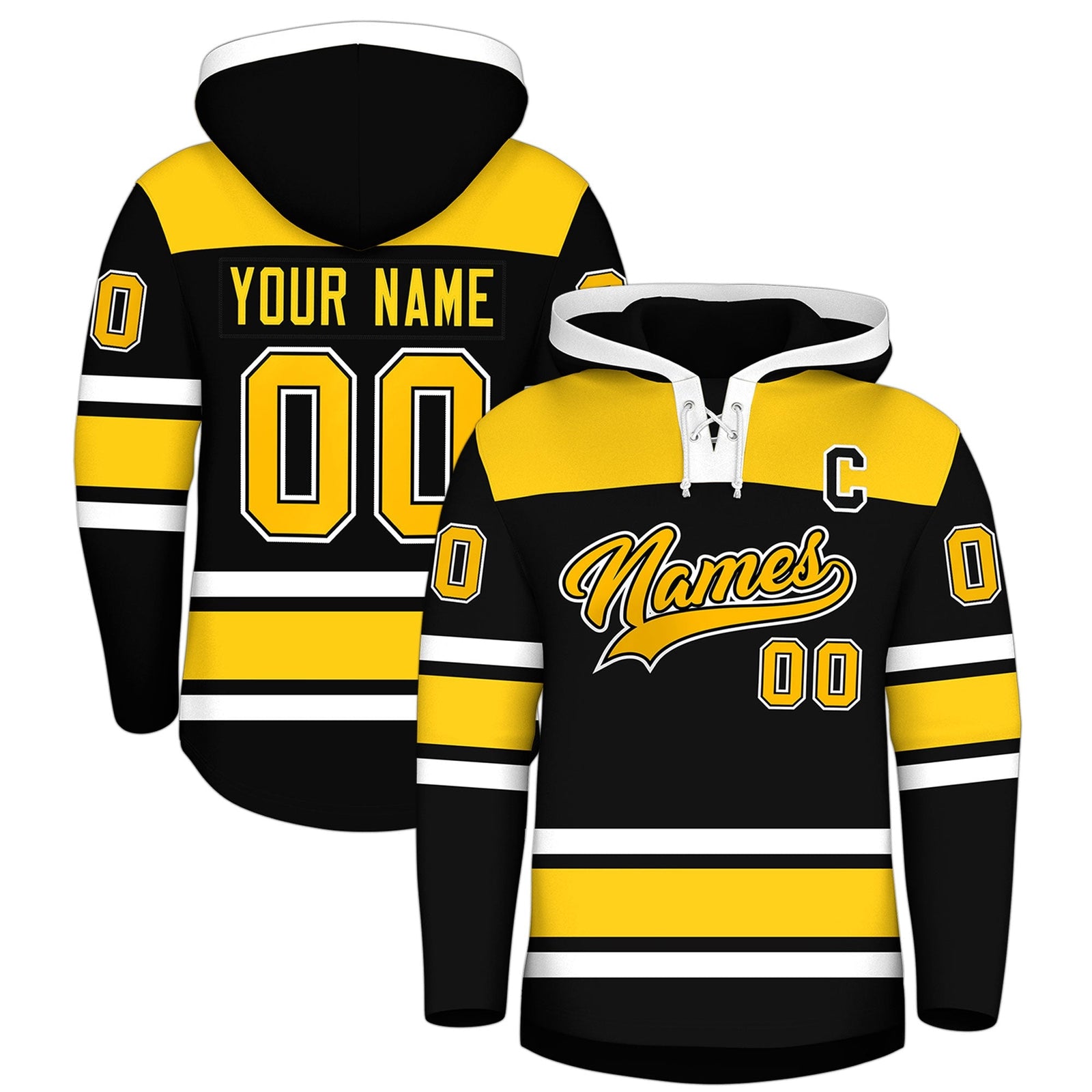 Custom Hockey Hoodie Jersey Black Gold Raglan Sleeves Lace-Up Neck Personalized Jersey for Men & Youth