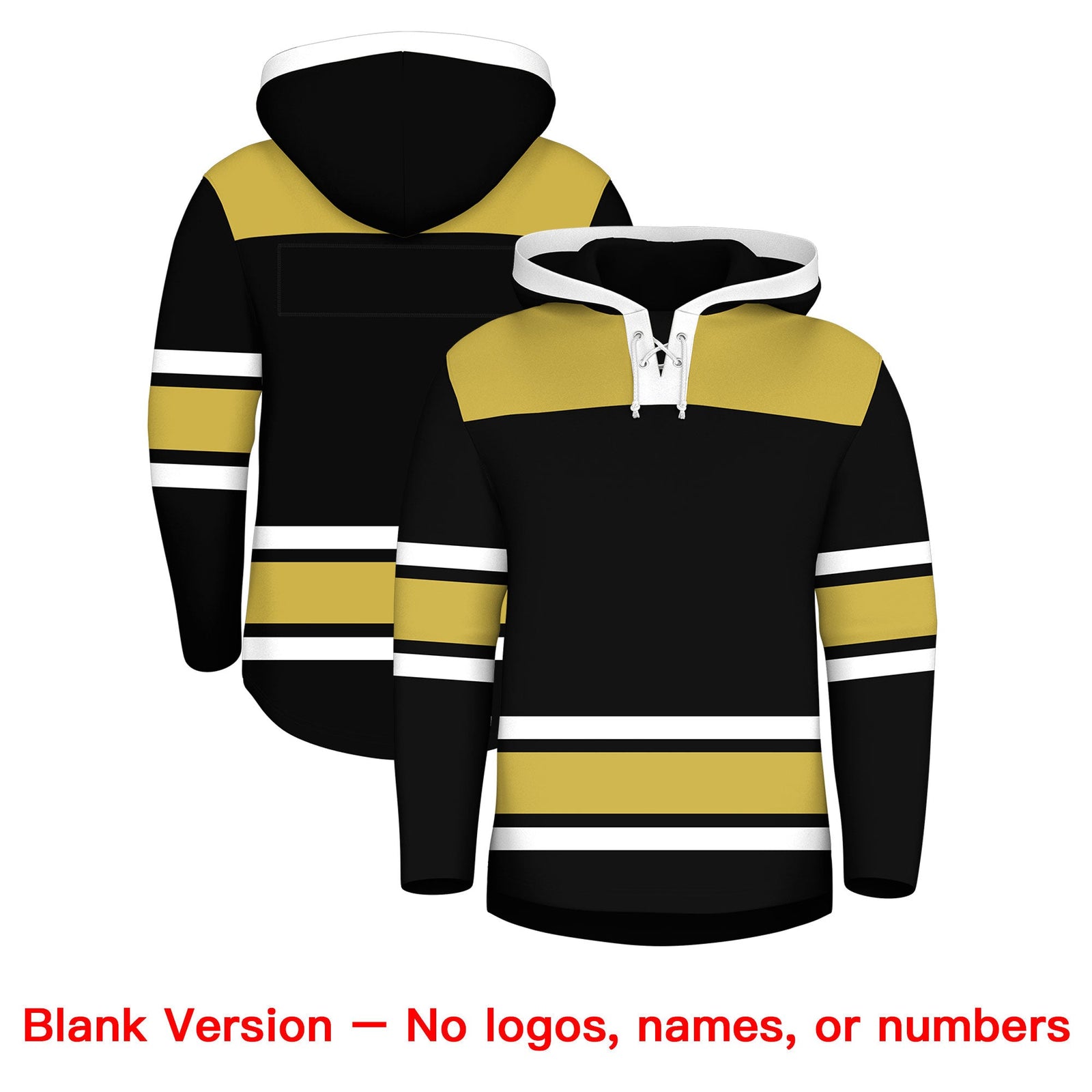 Custom Hockey Hoodie Jersey Black Old Gold Raglan Sleeves Lace-Up Neck Personal Name & Number & Logo