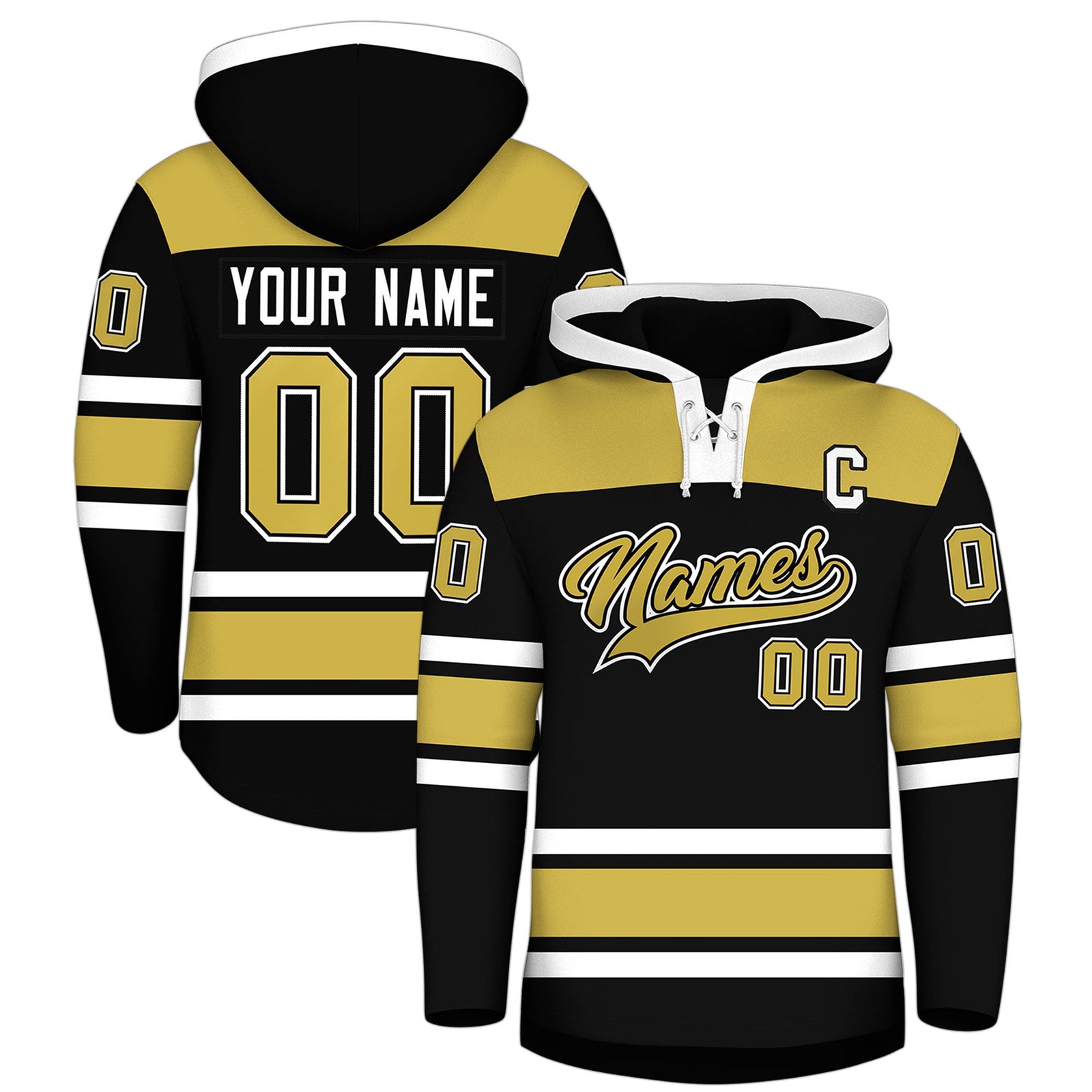 Custom Hockey Hoodie Jersey Black Old Gold Raglan Sleeves Lace-Up Neck Personal Name & Number & Logo