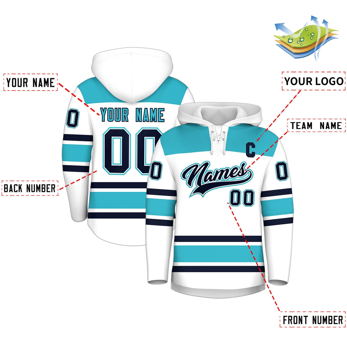 Custom Hockey Hoodie Jersey White Sky Blue Raglan Sleeves Lace-Up Neck Personalized Jersey for Men &amp; Youth