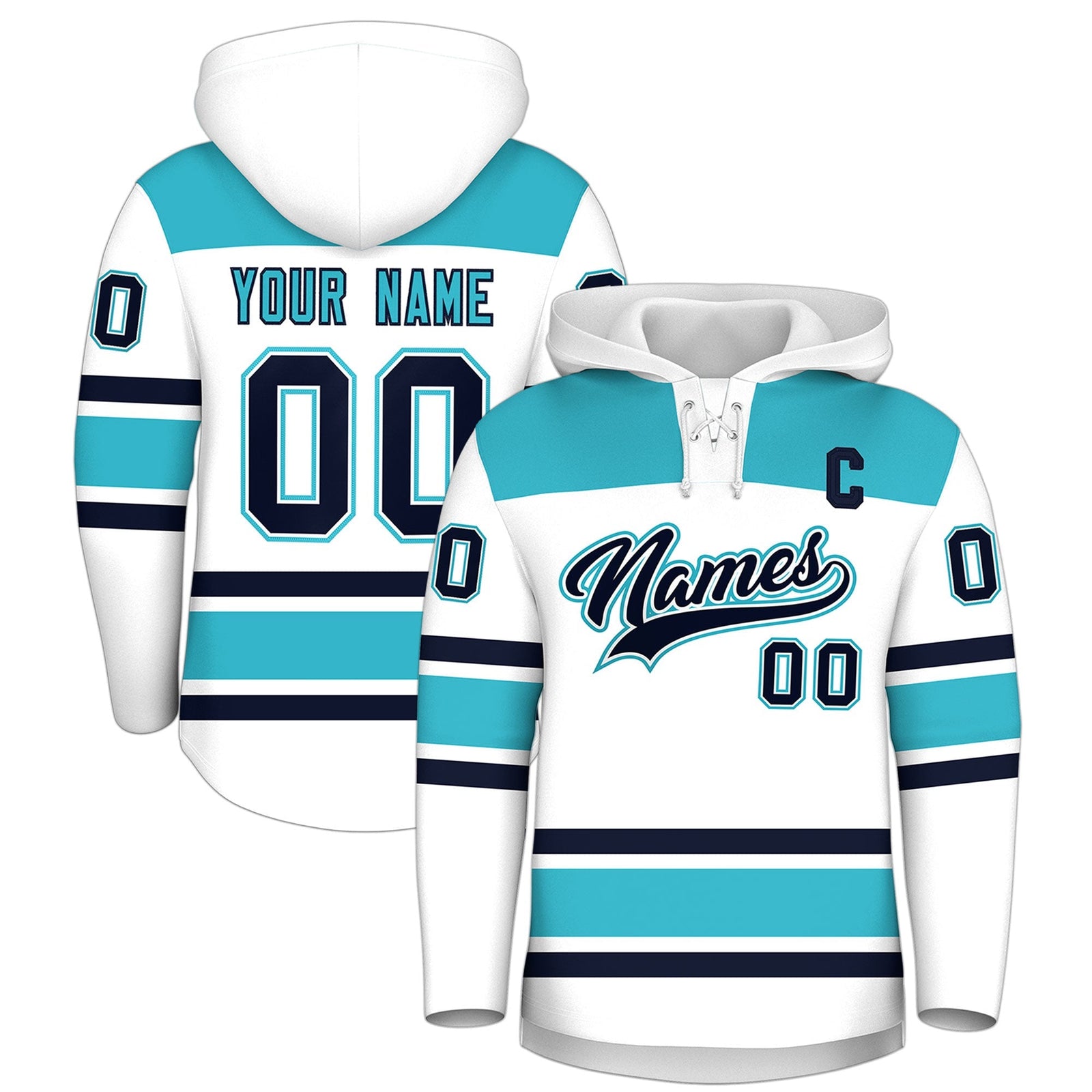 Custom Hockey Hoodie Jersey White Sky Blue Raglan Sleeves Lace-Up Neck Personalized Jersey for Men & Youth