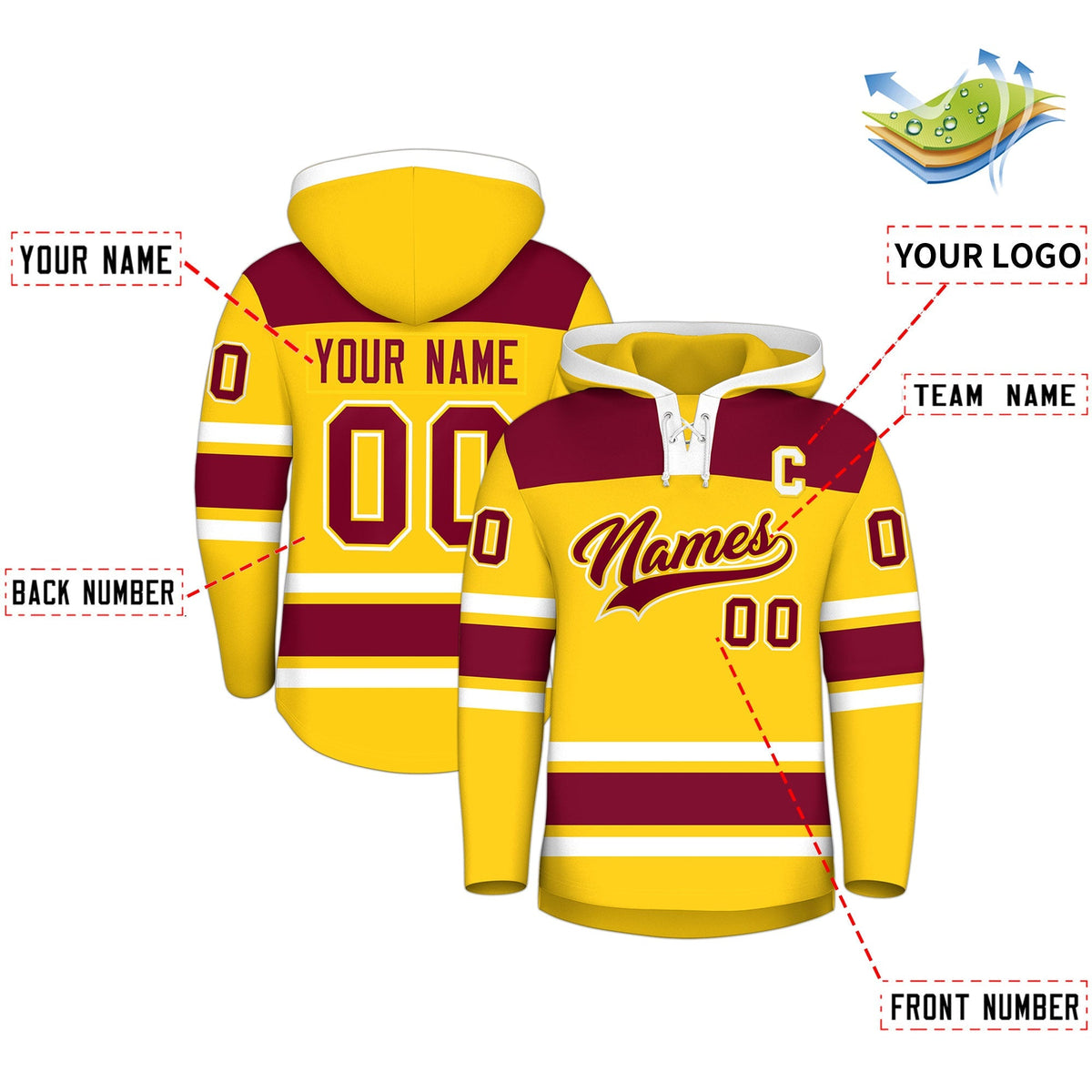 Custom Hockey Hoodie Jersey Gold Crimson Raglan Sleeves Lace-Up Neck Personalized Jersey for Men &amp; Youth