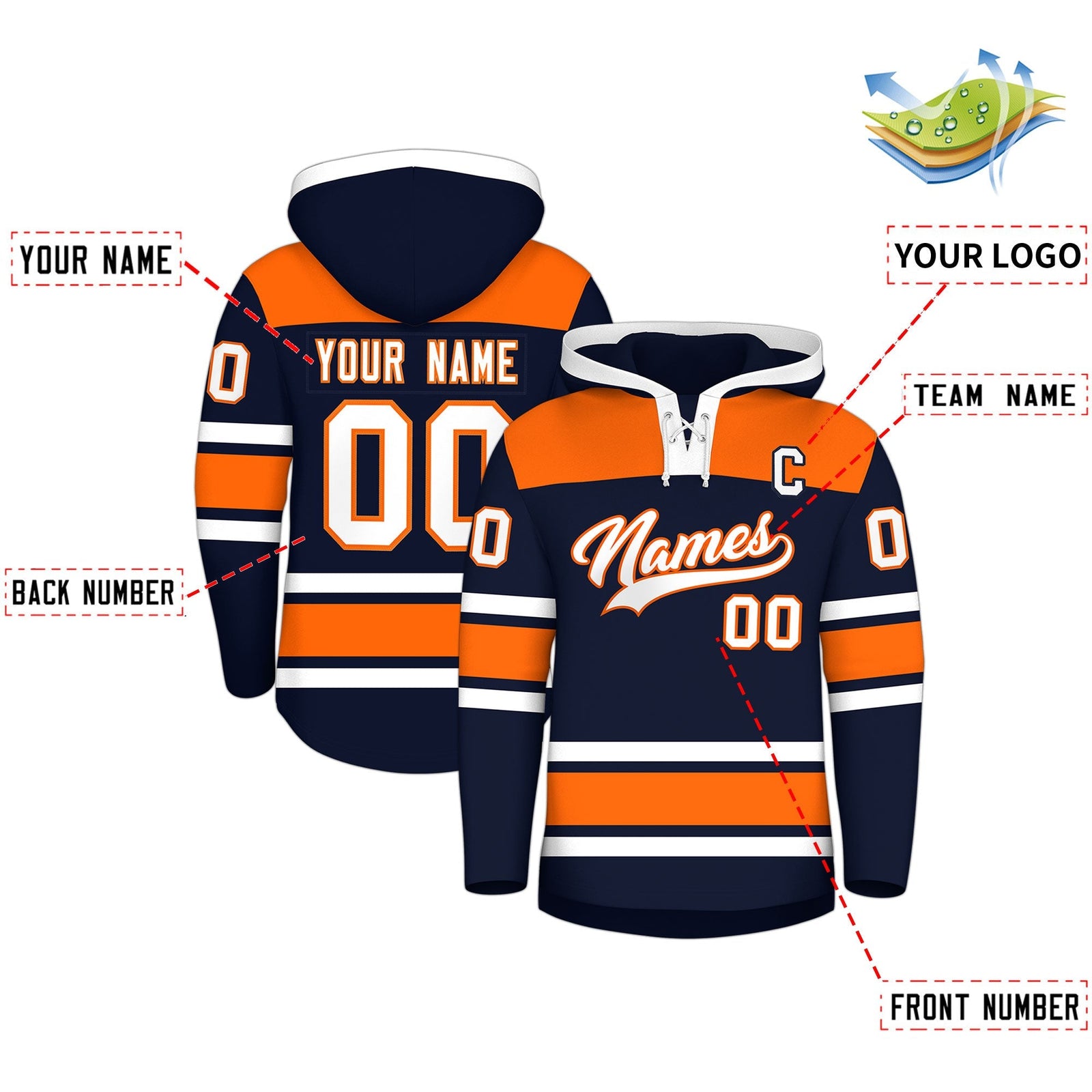 Custom Hockey Hoodie Jersey Navy Orange Raglan Sleeves Lace-Up Neck Personal Name & Number & Logo
