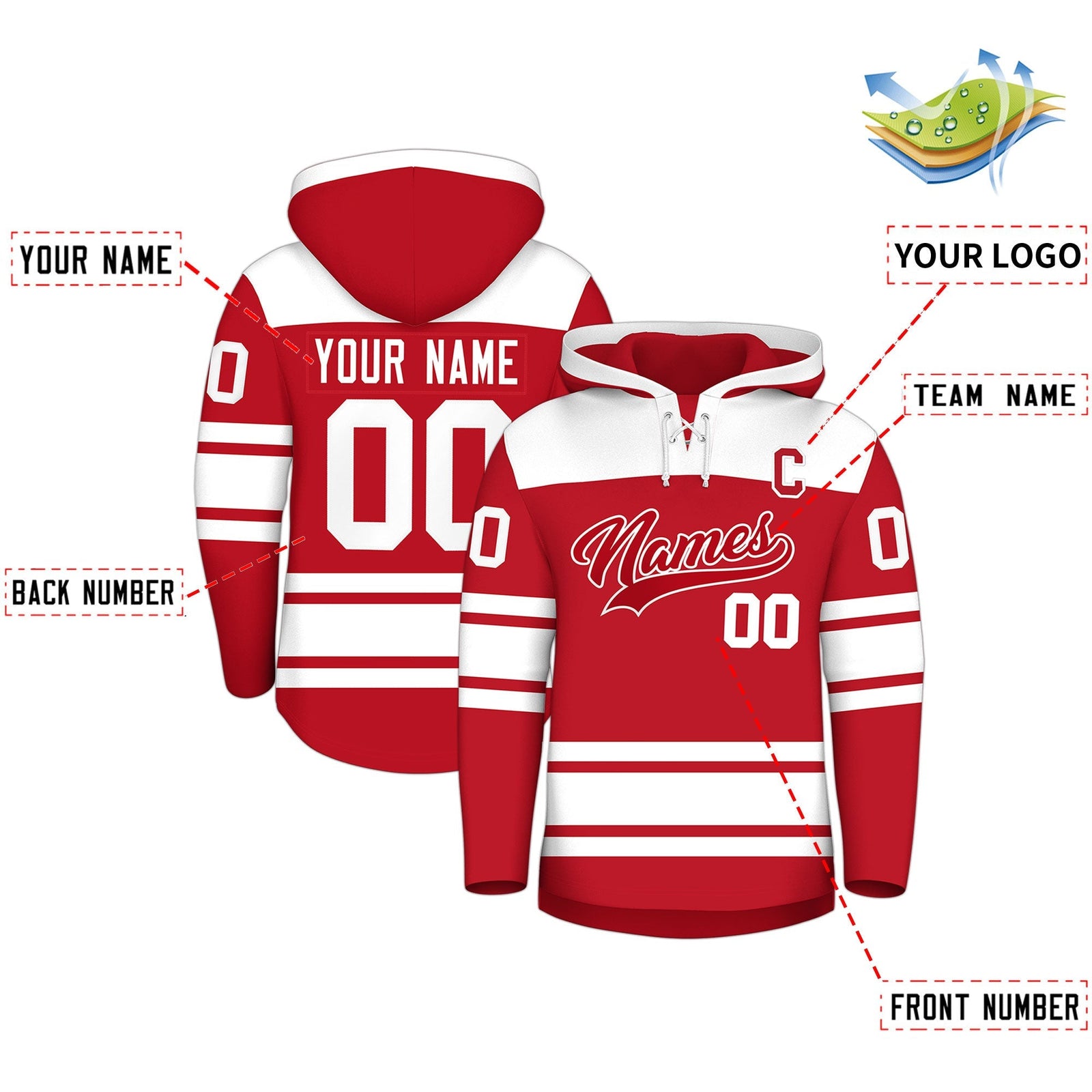 Custom Hockey Hoodie Jersey Red White Raglan Sleeves Lace-Up Neck Personalized Jersey for Men & Youth