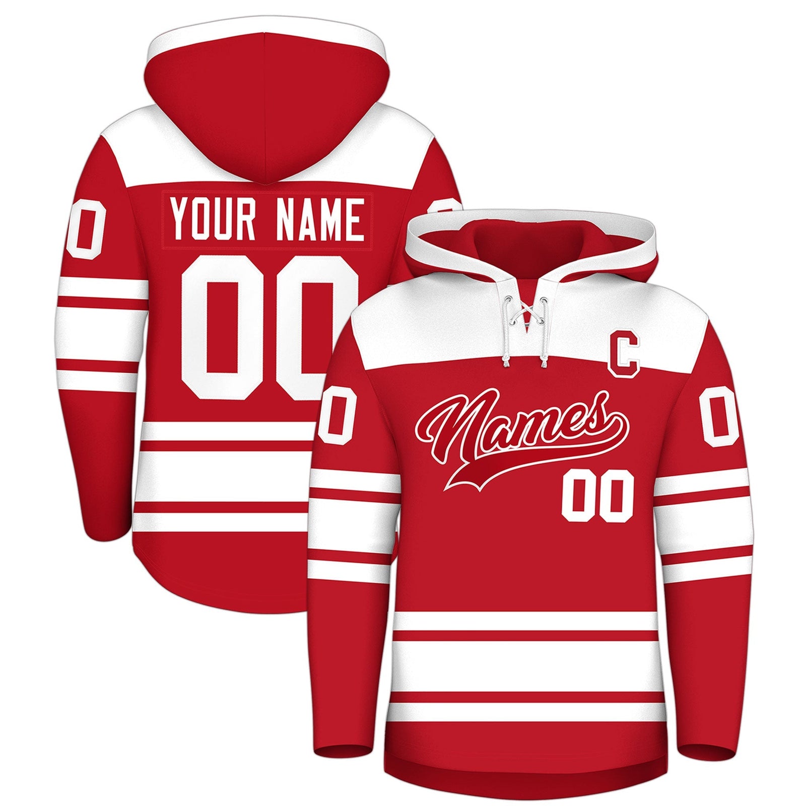 Custom Hockey Hoodie Jersey Red White Raglan Sleeves Lace-Up Neck Personalized Jersey for Men & Youth