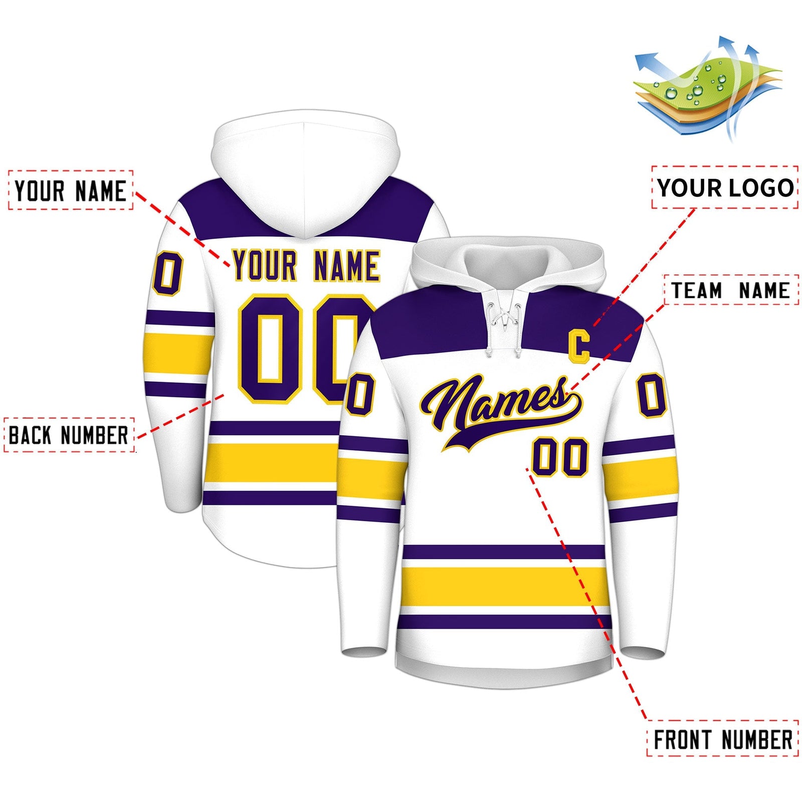 Custom Hockey Hoodie Jersey White Gold Raglan Sleeves Lace-Up Neck Personal Name & Number & Logo