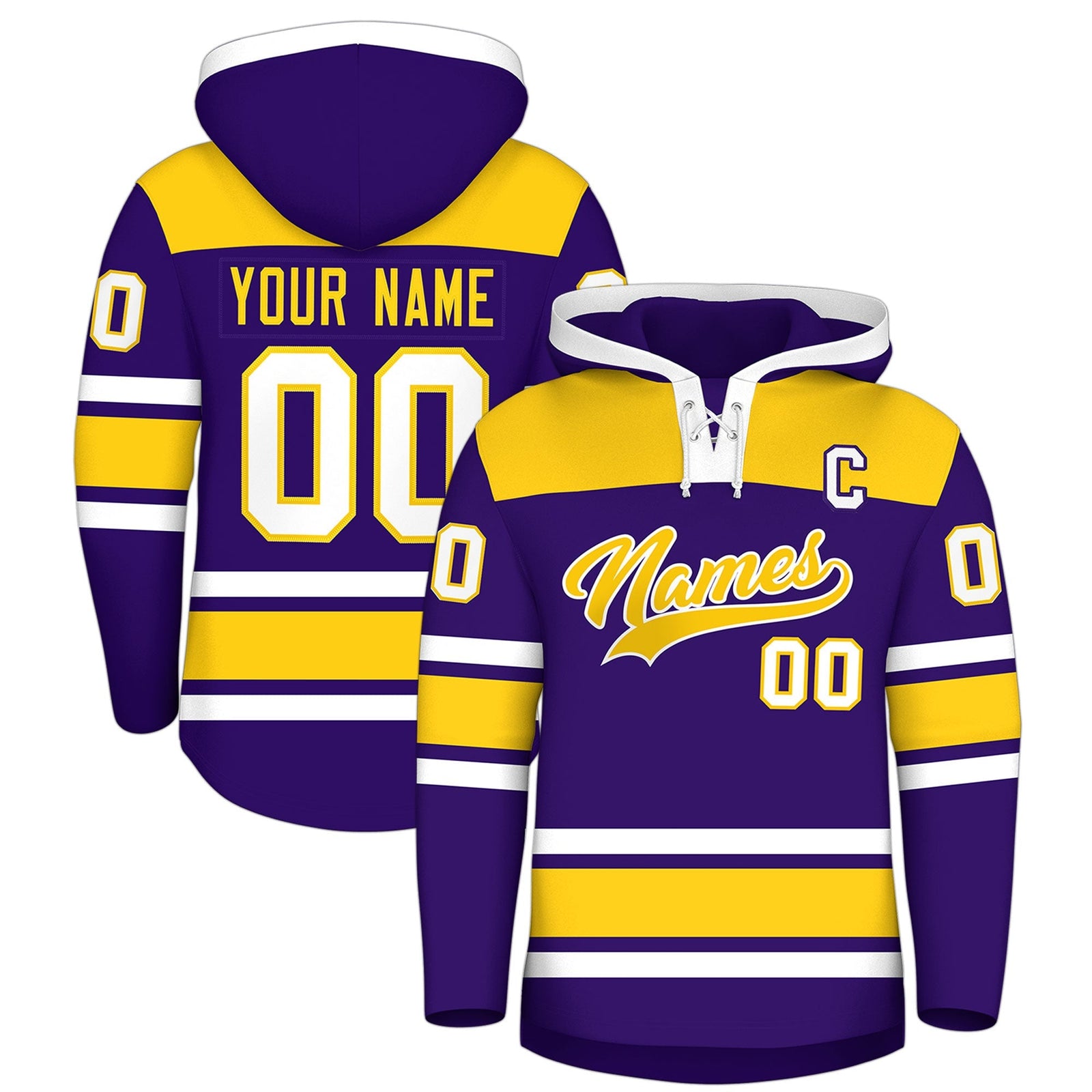 Custom Hockey Hoodie Jersey Purple Gold Raglan Sleeves Lace-Up Neck Personalized Jersey for Men & Youth