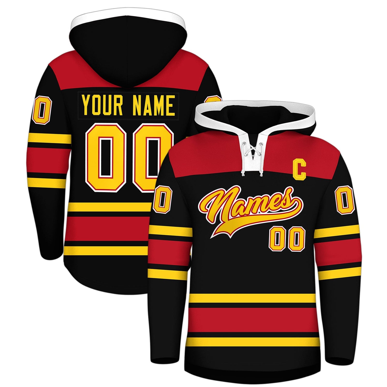 Custom Hockey Hoodie Jersey Black Red Raglan Sleeves Lace-Up Neck Personal Name & Number & Logo