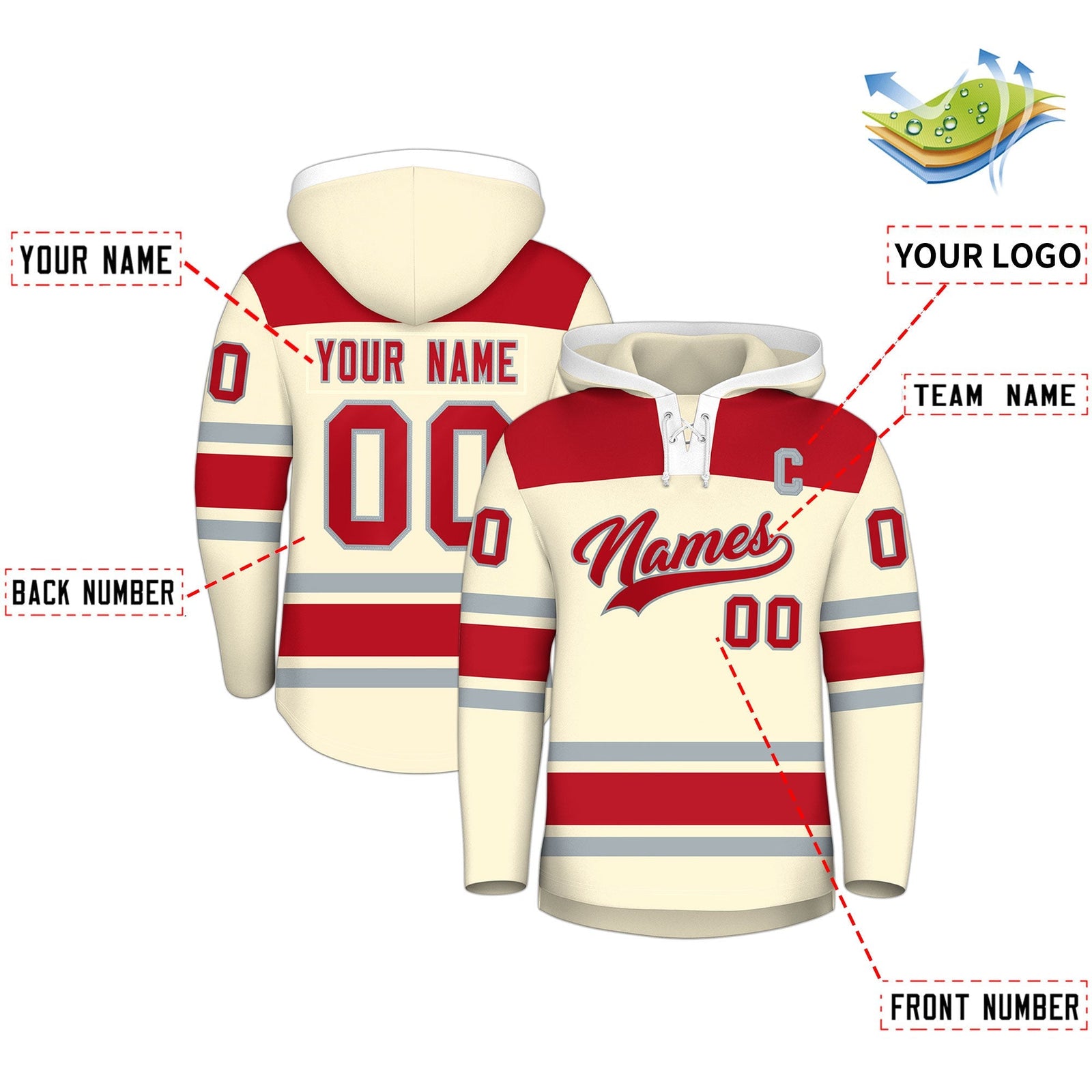 Custom Hockey Hoodie Jersey Cream Red Raglan Sleeves Lace-Up Neck Personal Name & Number & Logo