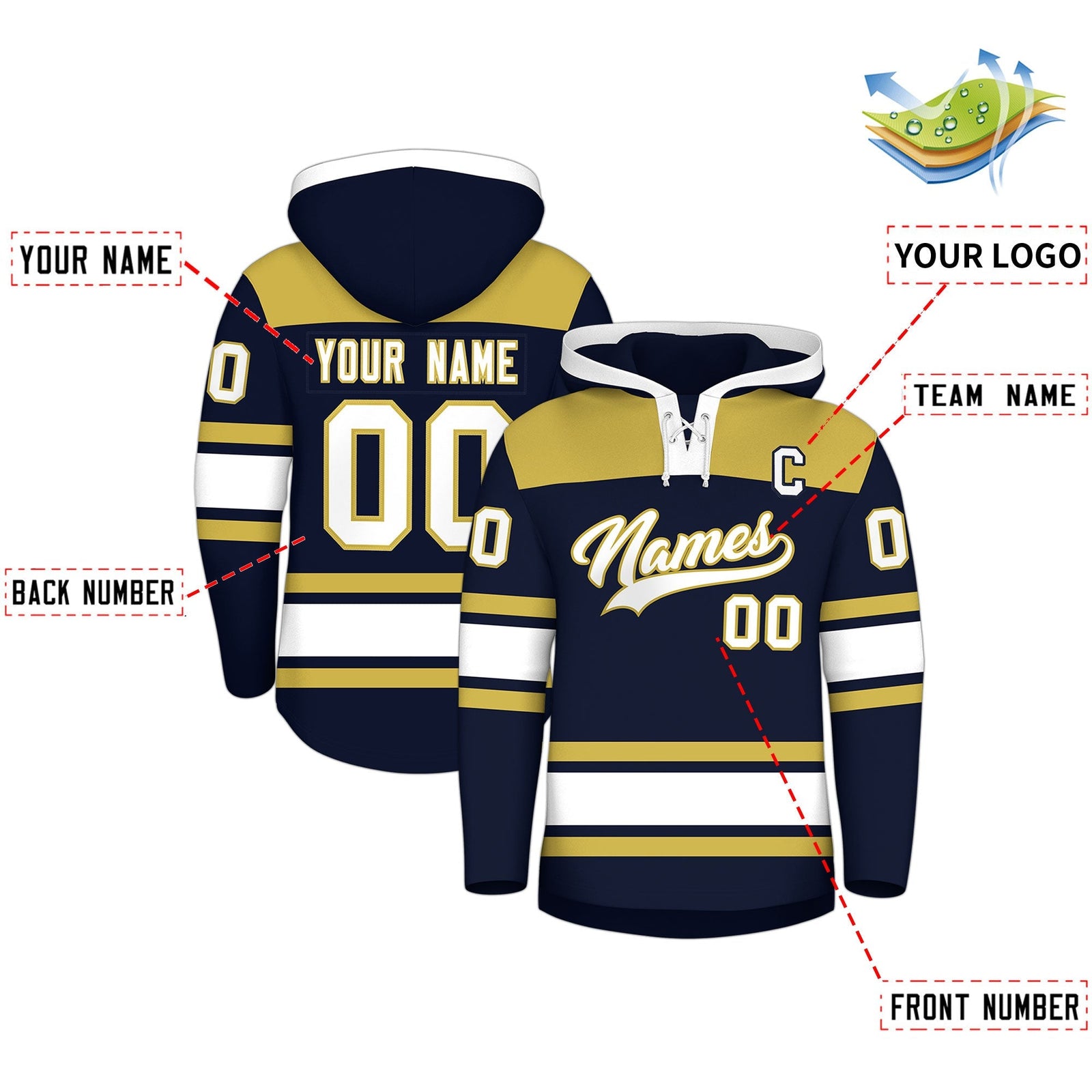 Custom Hockey Hoodie Jersey Navy Old Gold Raglan Sleeves Lace-Up Neck Personalized Jersey for Men & Youth