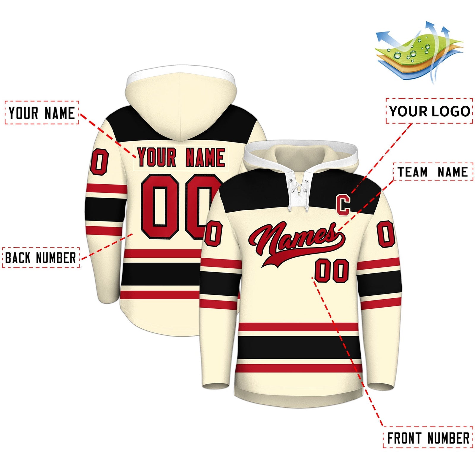 Custom Hockey Hoodie Jersey Cream Black Raglan Sleeves Lace-Up Neck Personal Name & Number & Logo