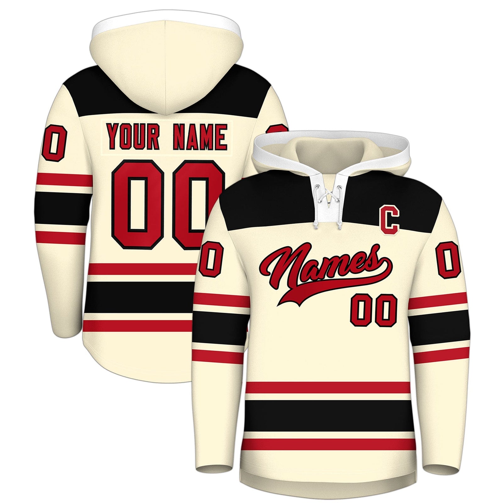 Custom Hockey Hoodie Jersey Cream Black Raglan Sleeves Lace-Up Neck Personal Name & Number & Logo