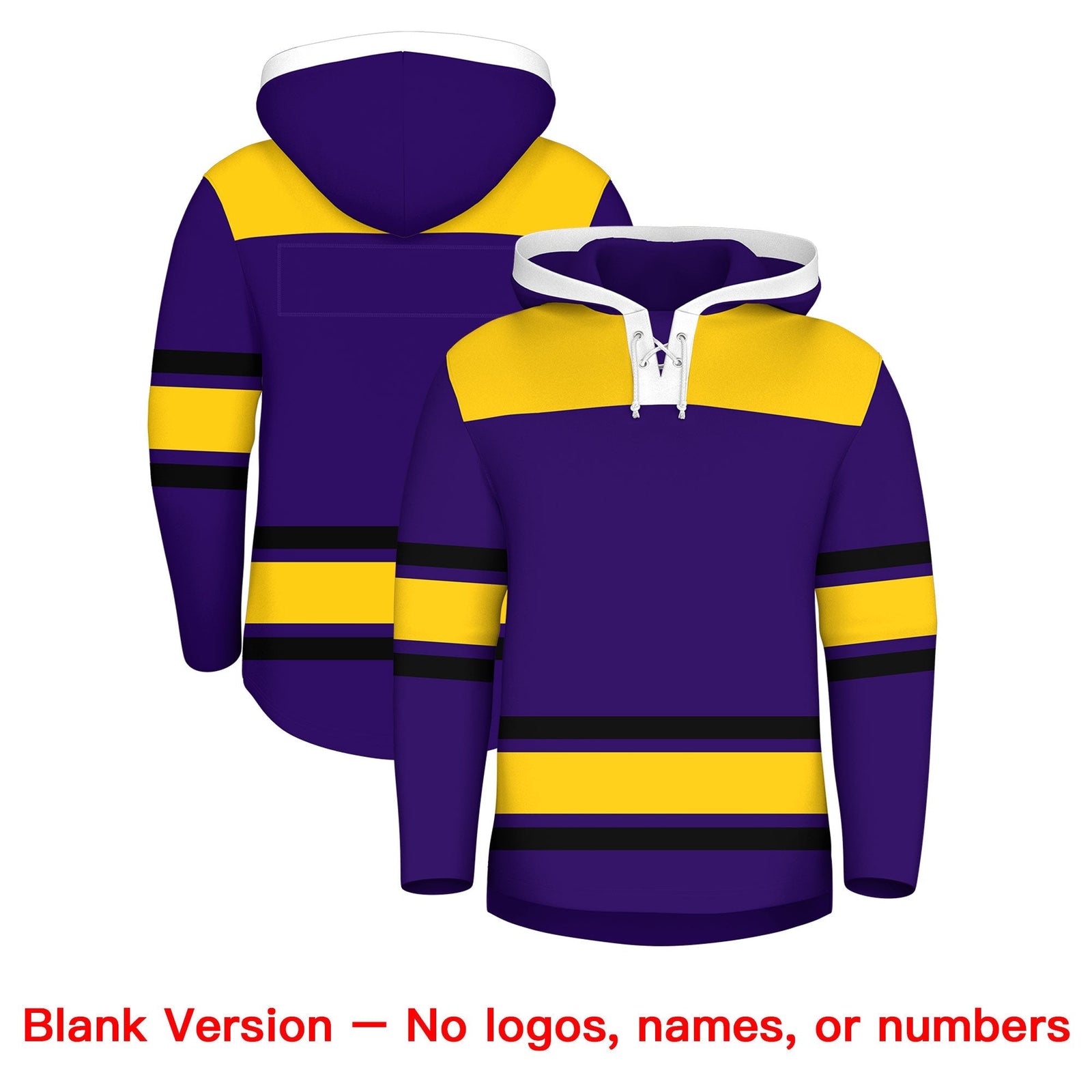 Custom Hockey Hoodie Jersey Purple Gold Raglan Sleeves Lace-Up Neck Personal Name & Number & Logo