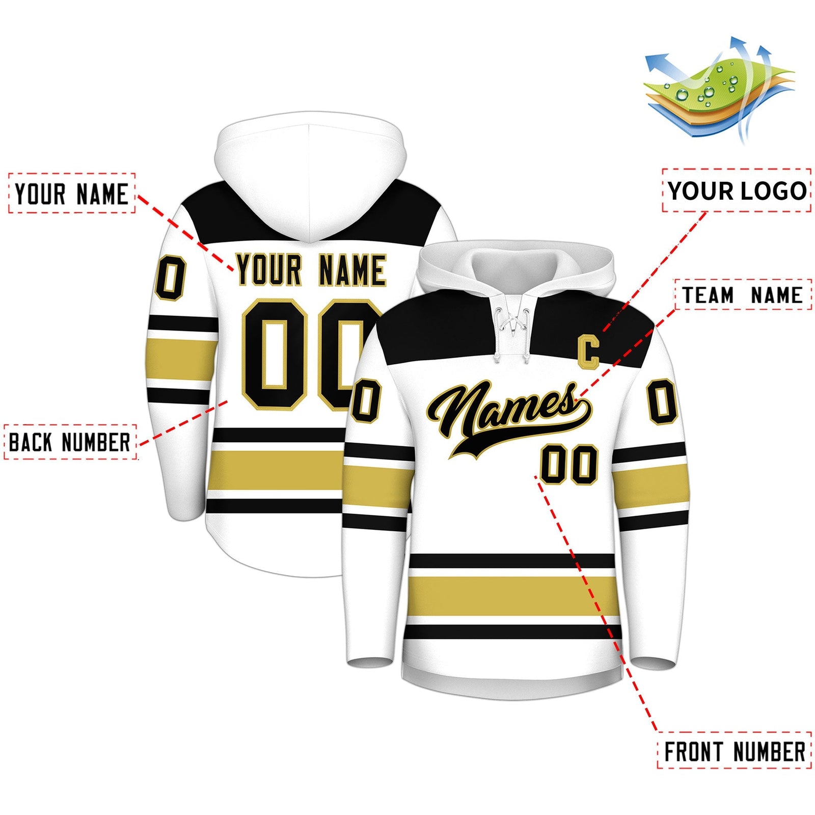 Custom Hockey Hoodie Jersey White Old Gold Raglan Sleeves Lace-Up Neck Classic Team Colors Hoodie