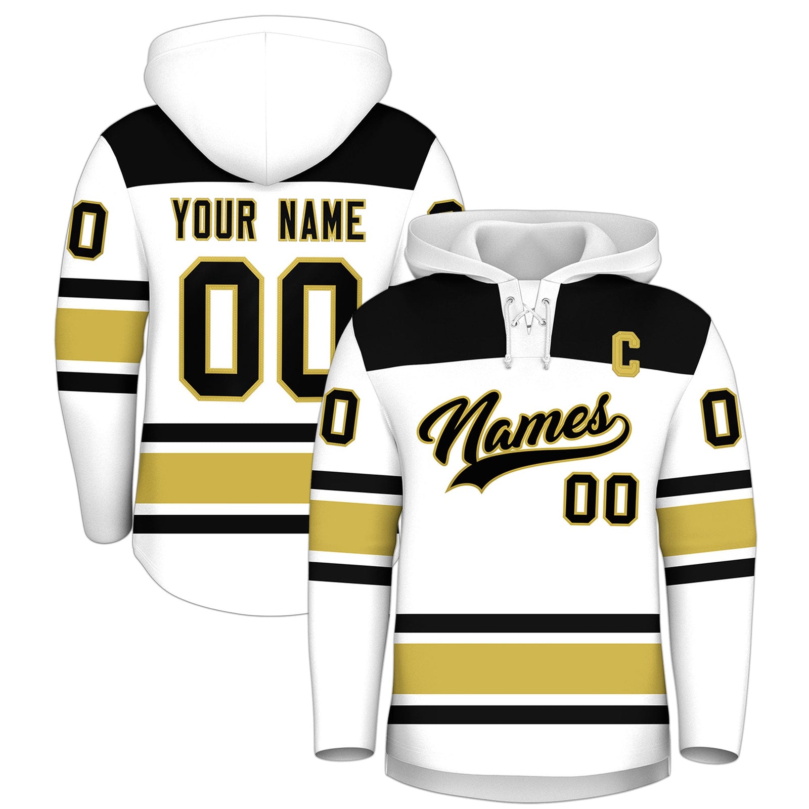 Custom Hockey Hoodie Jersey White Old Gold Raglan Sleeves Lace-Up Neck Classic Team Colors Hoodie