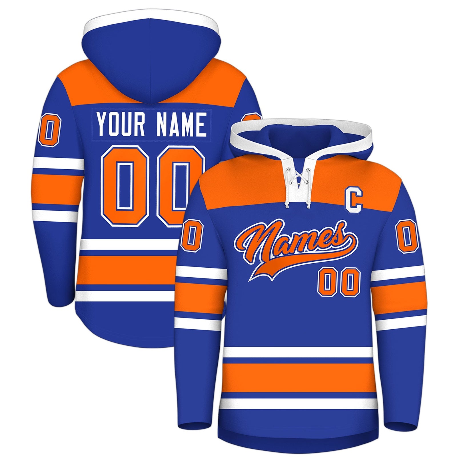 Custom Hockey Hoodie Jersey Royal Blue Orange Raglan Sleeves Lace-Up Neck Classic Team Colors Hoodie