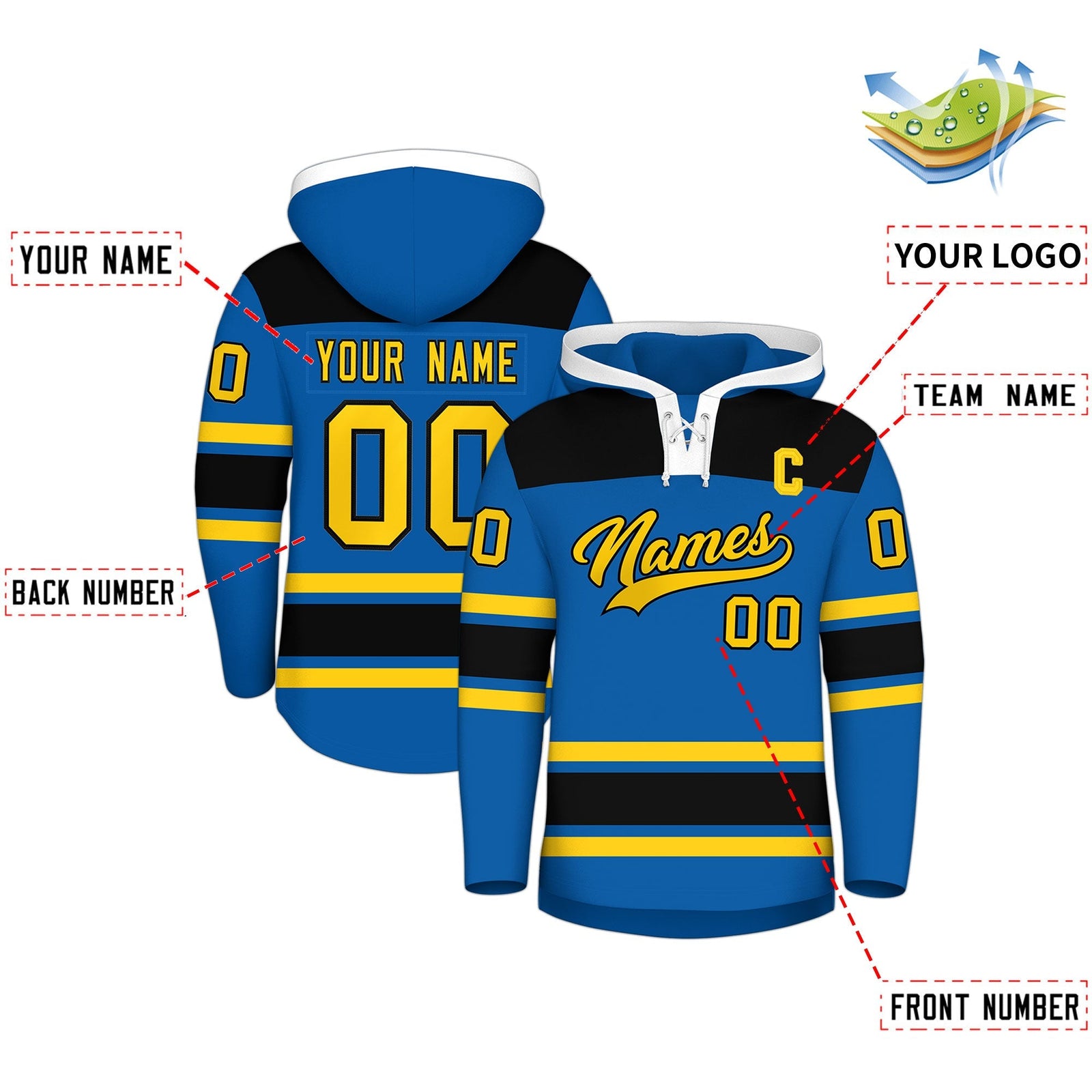 Custom Hockey Hoodie Jersey Royal Black Raglan Sleeves Lace-Up Neck Personalized Jersey for Men & Youth