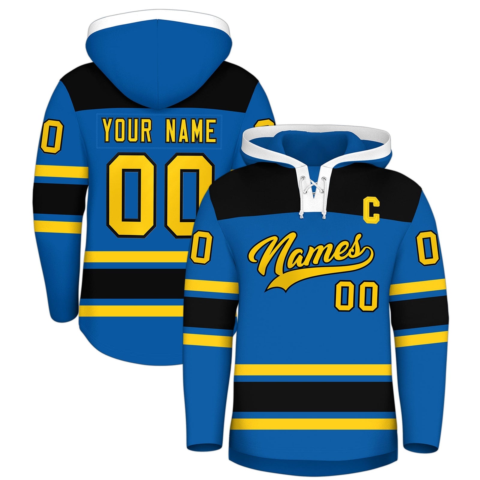 Custom Hockey Hoodie Jersey Royal Black Raglan Sleeves Lace-Up Neck Personalized Jersey for Men & Youth