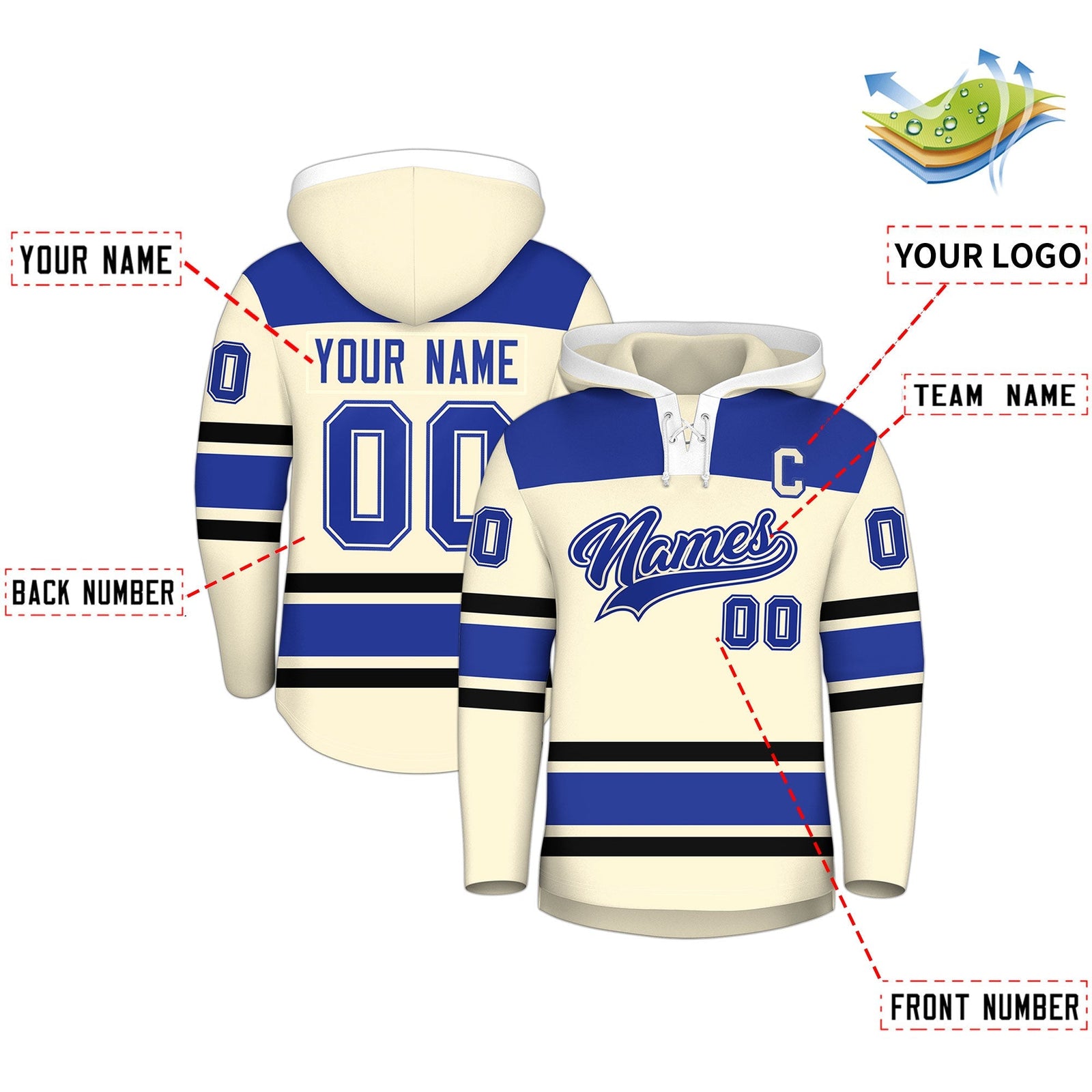 Custom Hockey Hoodie Jersey Cream Royal Blue Raglan Sleeves Lace-Up Neck Personal Name & Number & Logo