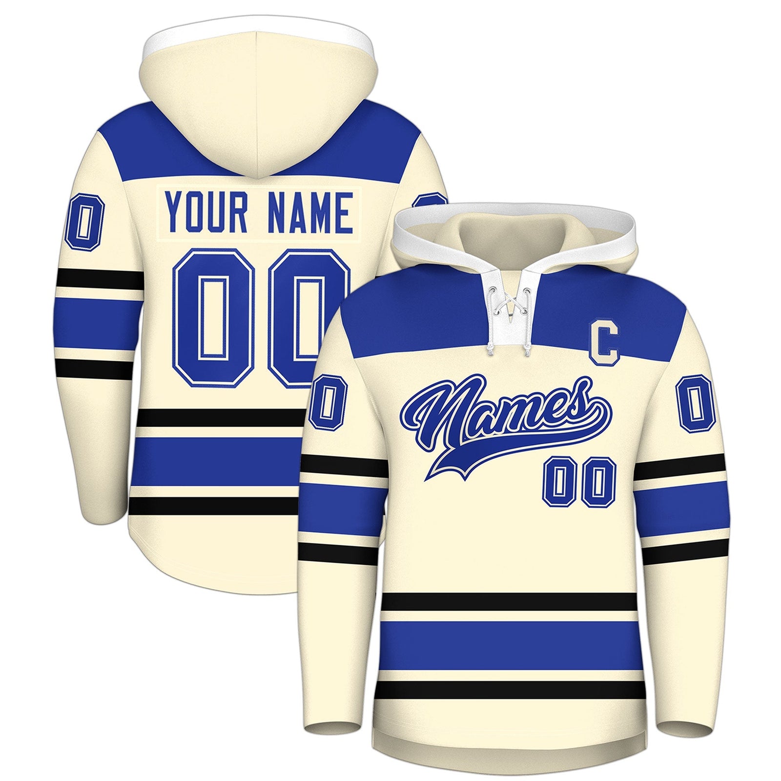 Custom Hockey Hoodie Jersey Cream Royal Blue Raglan Sleeves Lace-Up Neck Personal Name & Number & Logo