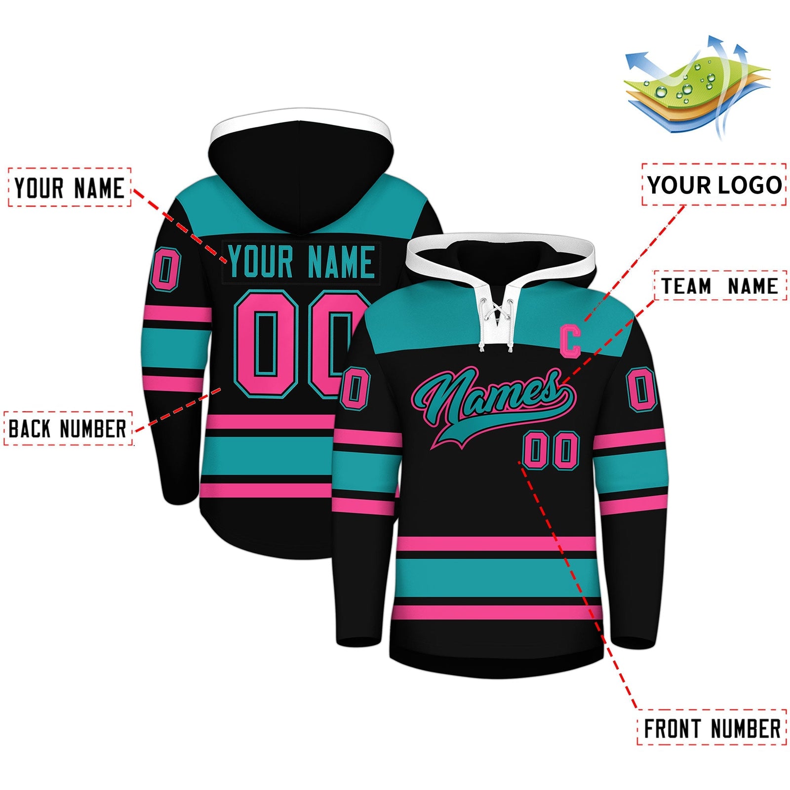 Custom Hockey Hoodie Jersey Black Aqua Raglan Sleeves Lace-Up Neck Personalized Jersey for Men & Youth