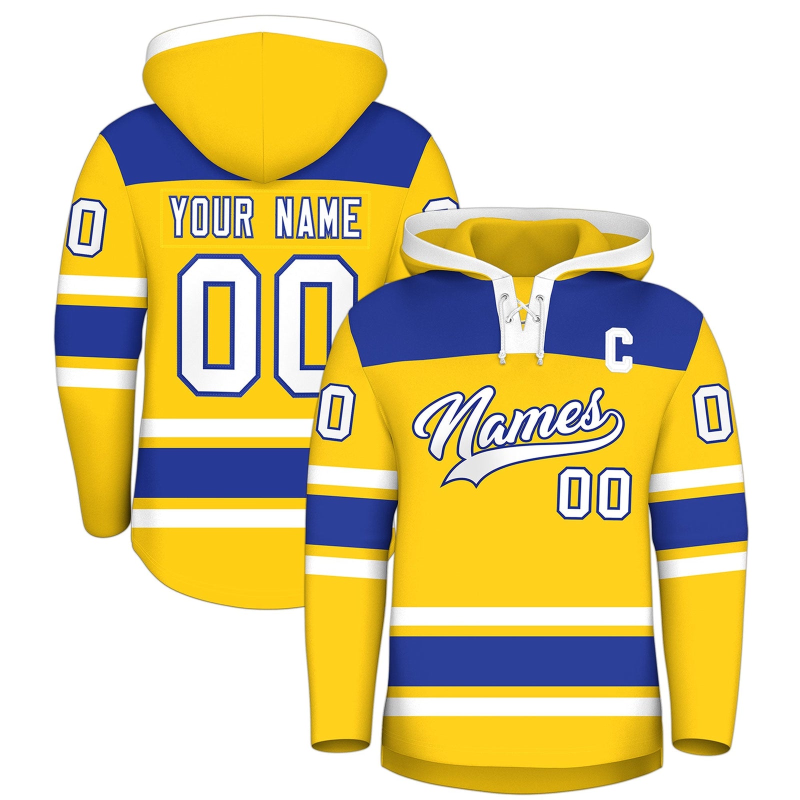 Custom Hockey Hoodie Jersey Gold Royal Blue Raglan Sleeves Lace-Up Neck Personalized Jersey for Men & Youth