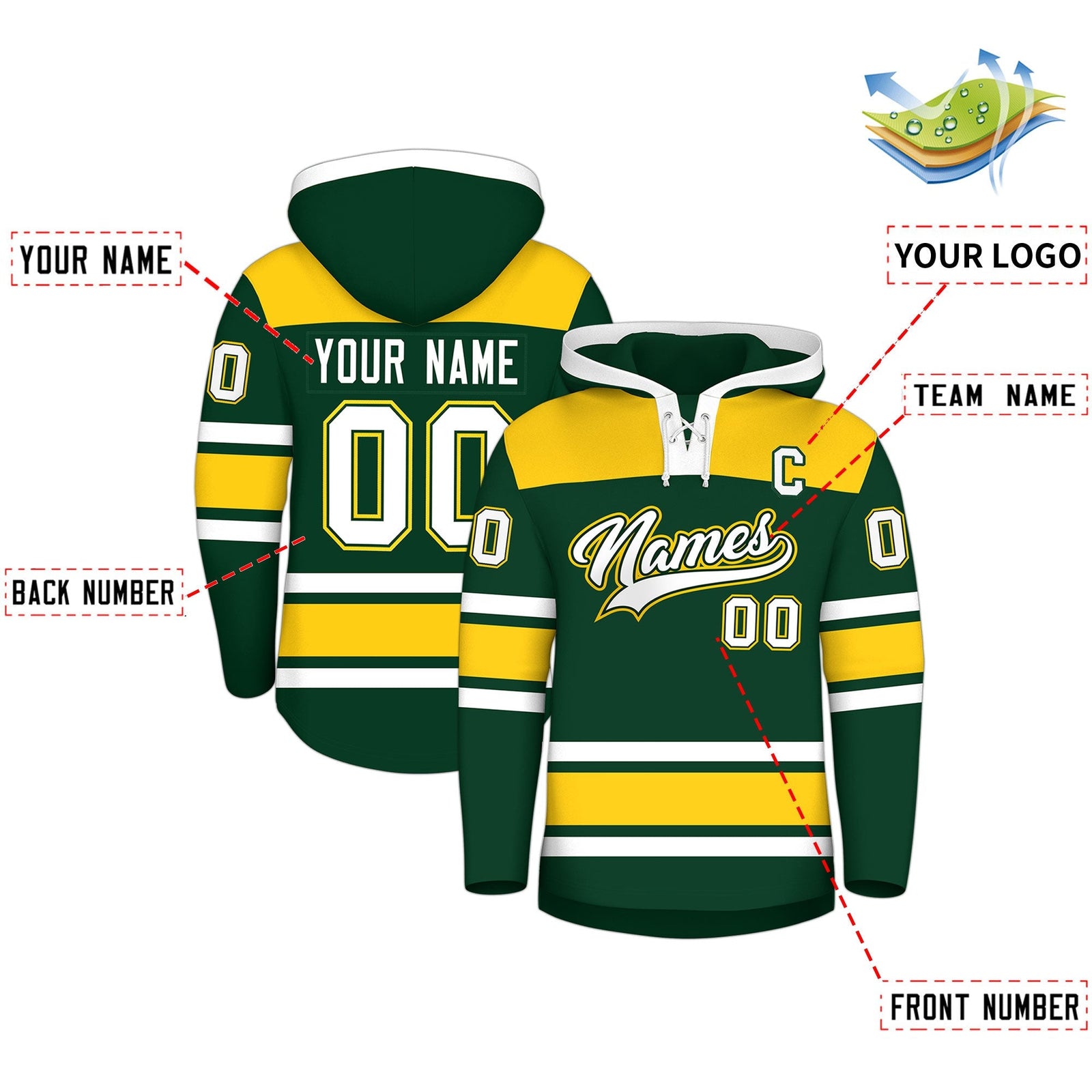 Custom Hockey Hoodie Jersey Green Gold Raglan Sleeves Lace-Up Neck Classic Team Colors Hoodie