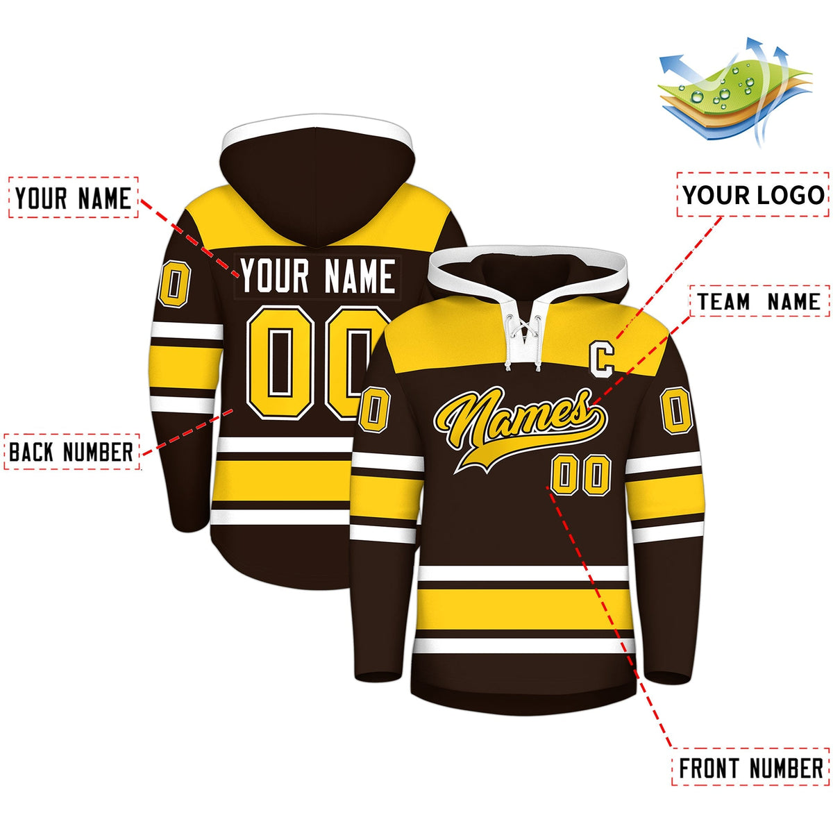 Custom Hockey Hoodie Jersey Brown Gold Raglan Sleeves Lace-Up Neck Personalized Jersey for Men &amp; Youth