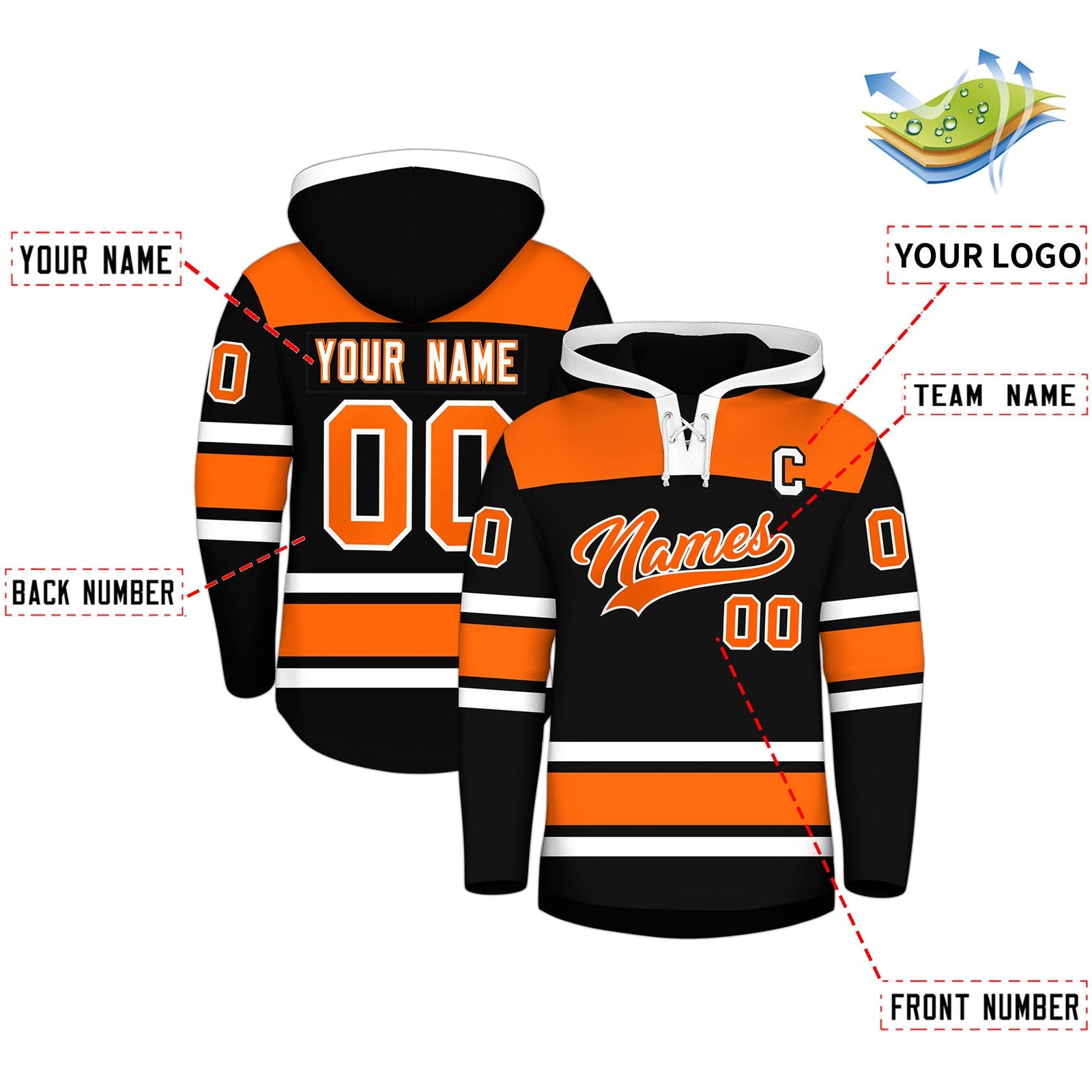 Custom Hockey Hoodie Jersey Black Orange Raglan Sleeves Lace-Up Neck Personalized Jersey for Men & Youth