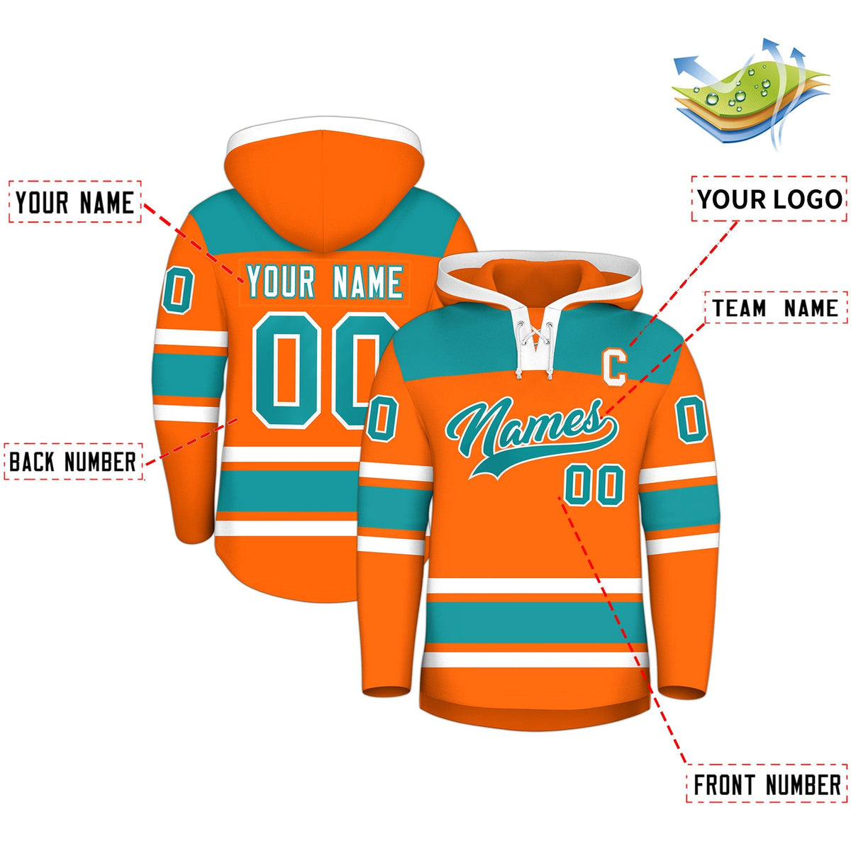 Custom Hockey Hoodie Jersey Orange Aqua Raglan Sleeves Lace-Up Neck Classic Team Colors Hoodie