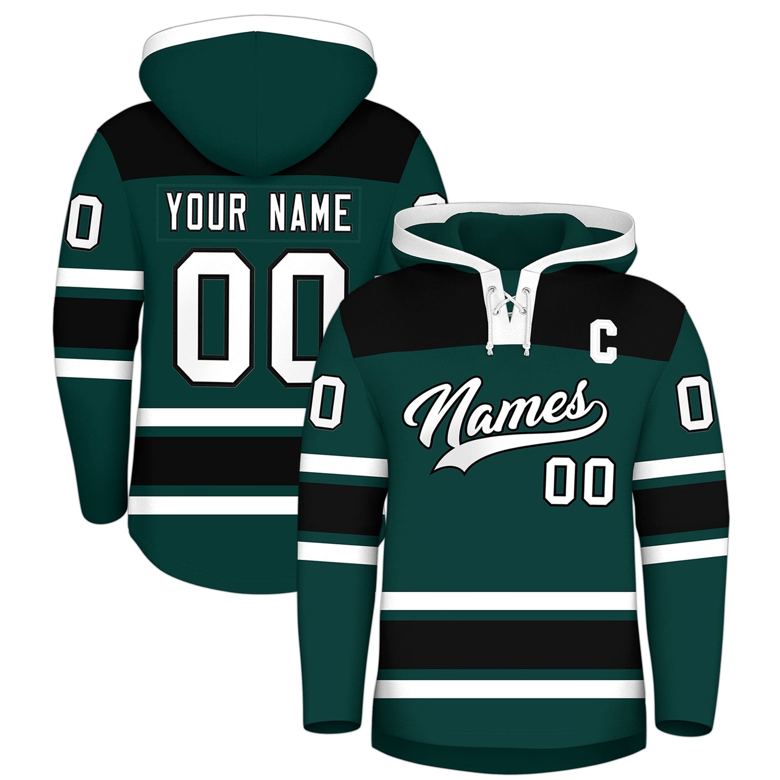 Custom Hockey Hoodie Jersey Midnight Green Black Raglan Sleeves Lace-Up Neck Personal Name & Number & Logo