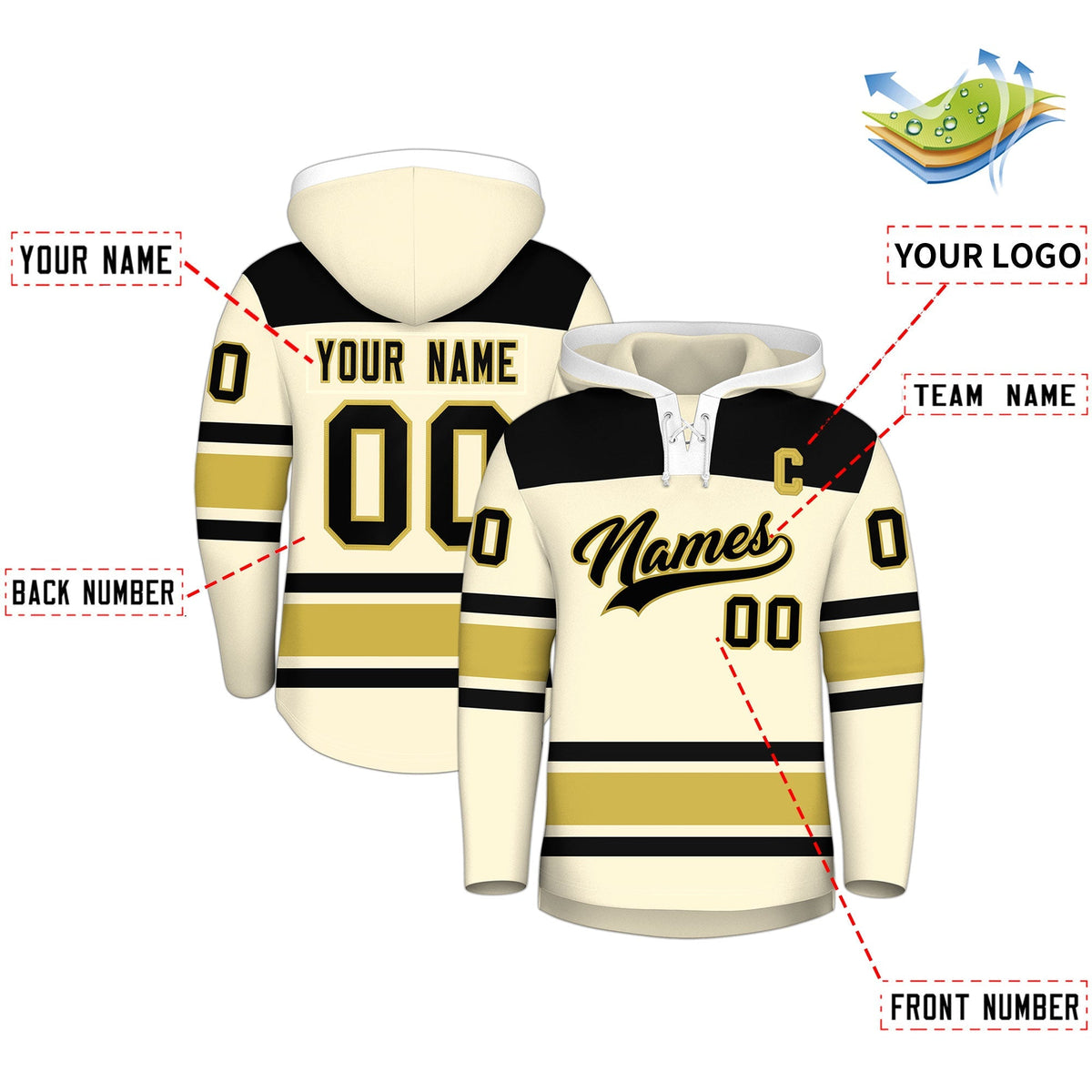 Custom Hockey Hoodie Jersey Cream Old Gold Raglan Sleeves Lace-Up Neck Personal Name &amp; Number &amp; Logo
