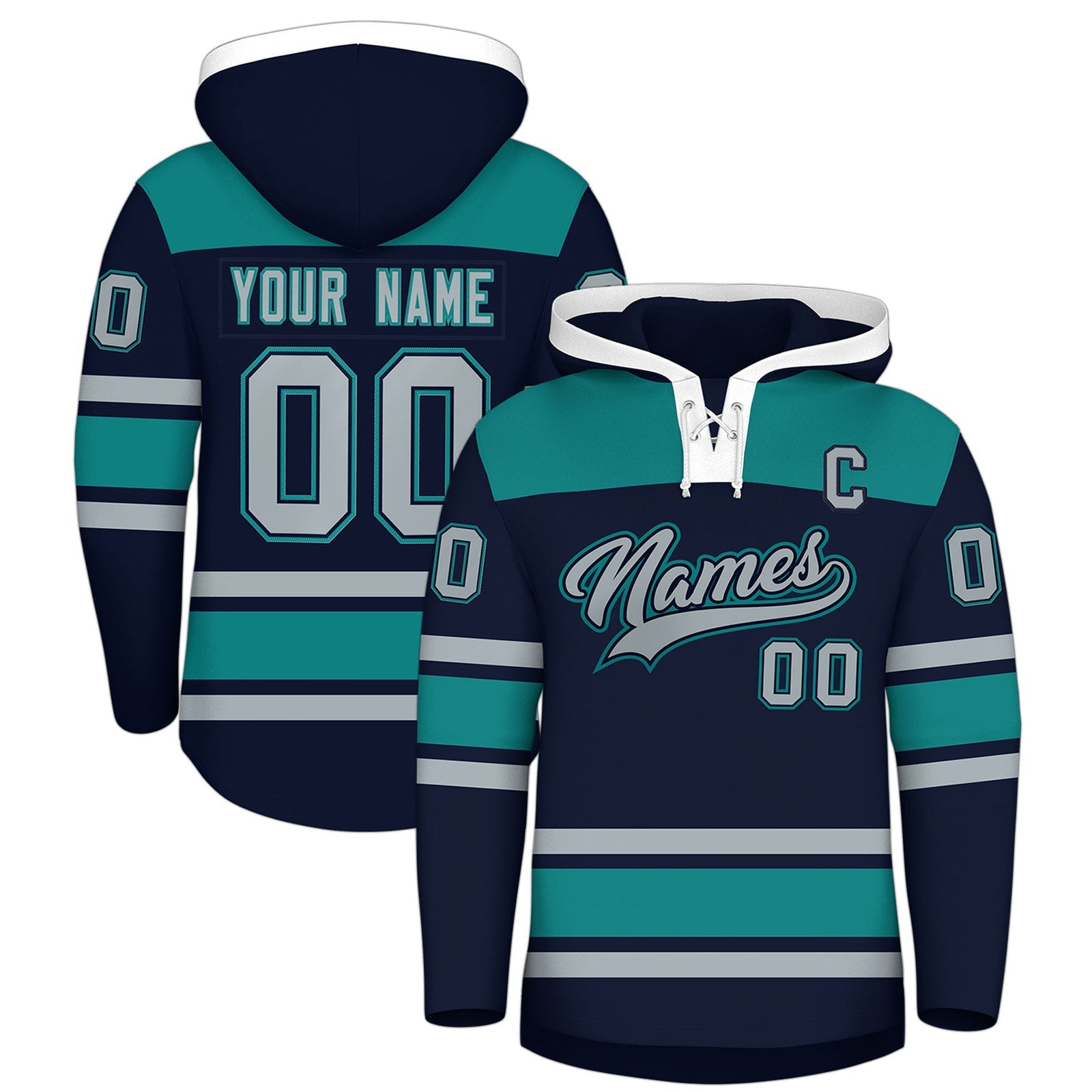 Custom Hockey Hoodie Jersey Navy Teal Raglan Sleeves Lace-Up Neck Classic Team Colors Hoodie