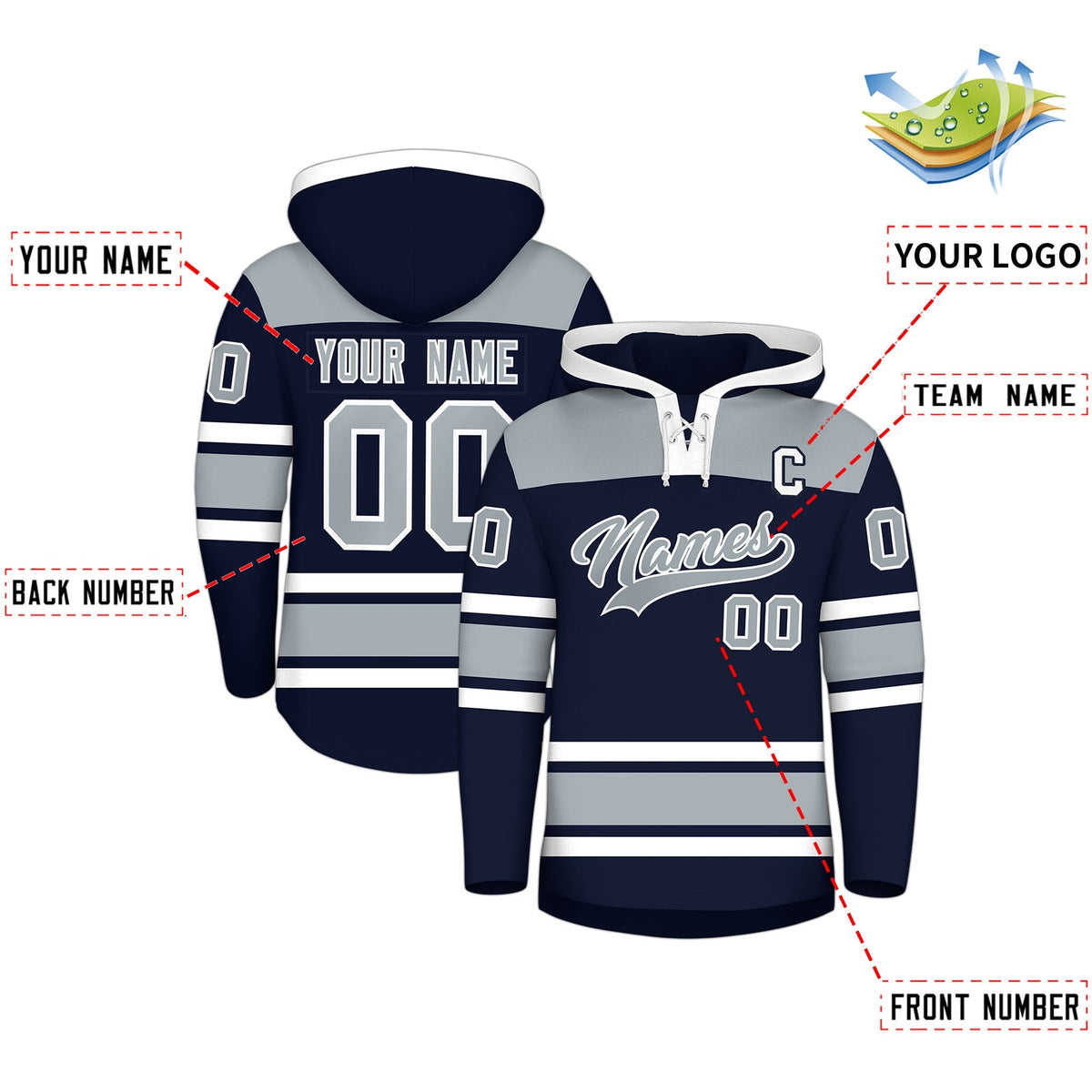 Custom Hockey Hoodie Jersey Navy Silver Raglan Sleeves Lace-Up Neck Personalized Jersey for Men &amp; Youth