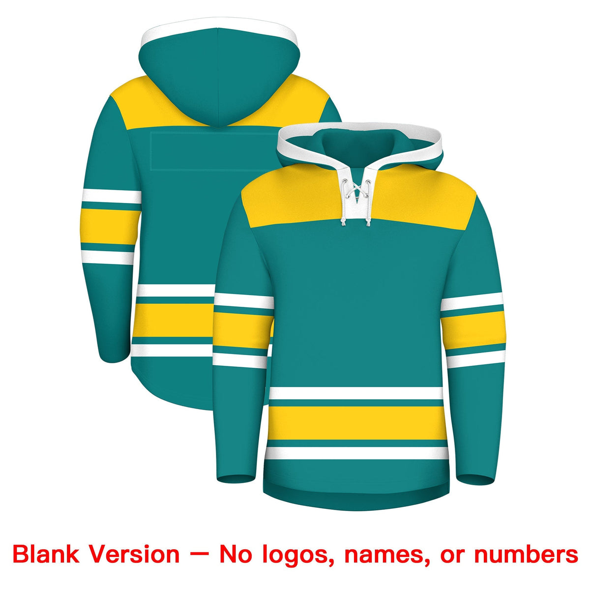 Custom Hockey Hoodie Jersey Teal Gold Raglan Sleeves Lace-Up Neck Personal Name &amp; Number &amp; Logo