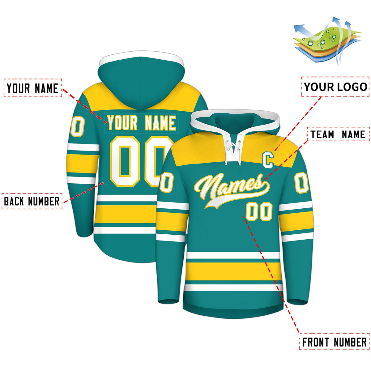 Custom Hockey Hoodie Jersey Teal Gold Raglan Sleeves Lace-Up Neck Personal Name &amp; Number &amp; Logo